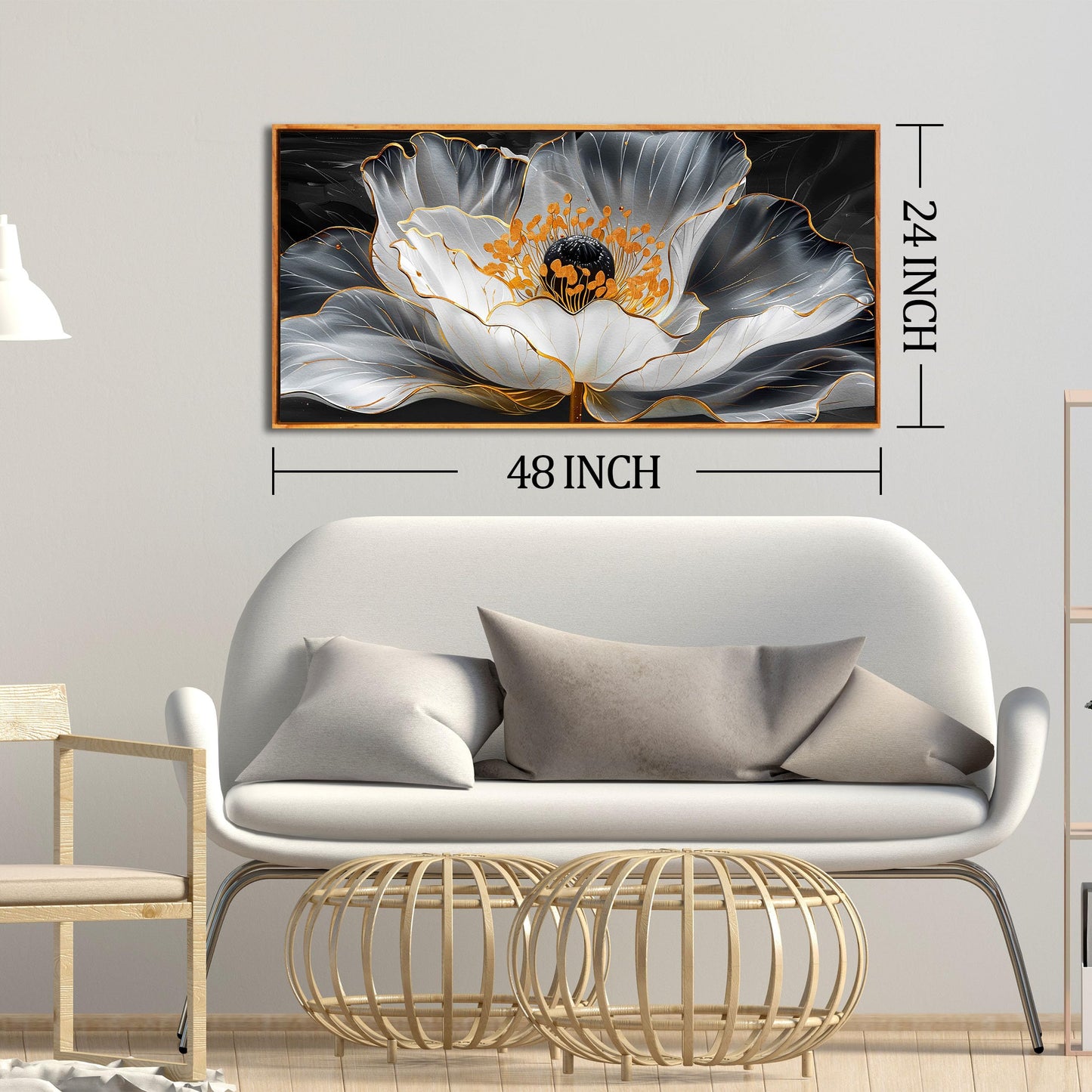 Gold Wall Art White Wall Pictures Beautiful Flower Wall Decorations for Living Room Black Artwork 24"x48" Art for Home Office