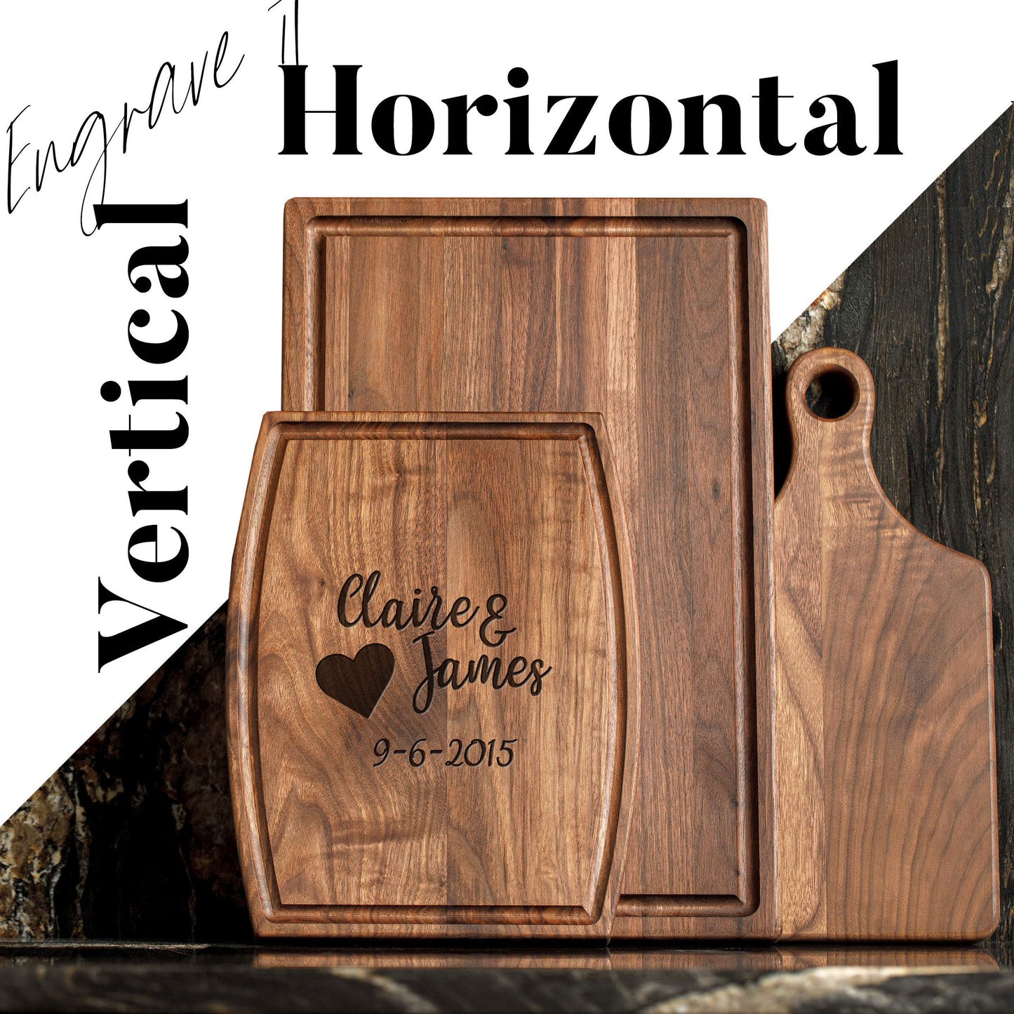 Personalisiertes Walnuss-Schneidebrett mit Untersetzern, Mineralöl und Geschenkverpackung erhältlich – Gestalten Sie Ihr eigenes Schneidebrett, hergestellt in den USA (Design 22, 3. Walnuss 17"x11")