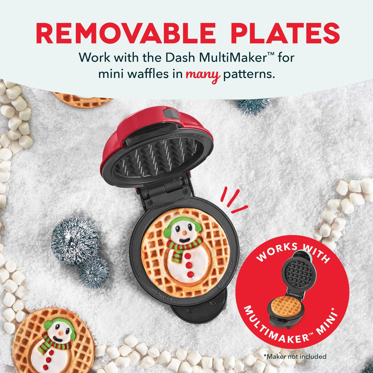 DASH Multimaker Mini System Two 4” Nonstick Removable Waffle Plates (Gingerbread & Snowflake) - 2Pc Plate Pack for Waffle Iron & Griddle, Compatible with Dash MultiMaker Mini System, Nonstick Surface