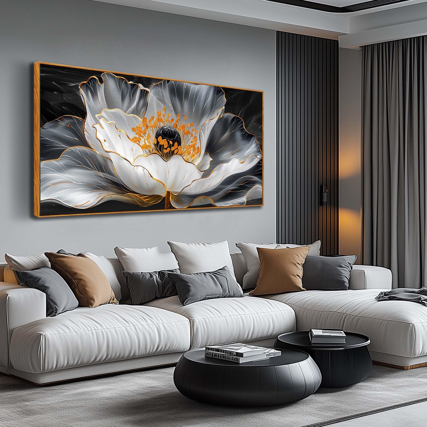Gold Wall Art White Wall Pictures Beautiful Flower Wall Decorations for Living Room Black Artwork 24"x48" Art for Home Office