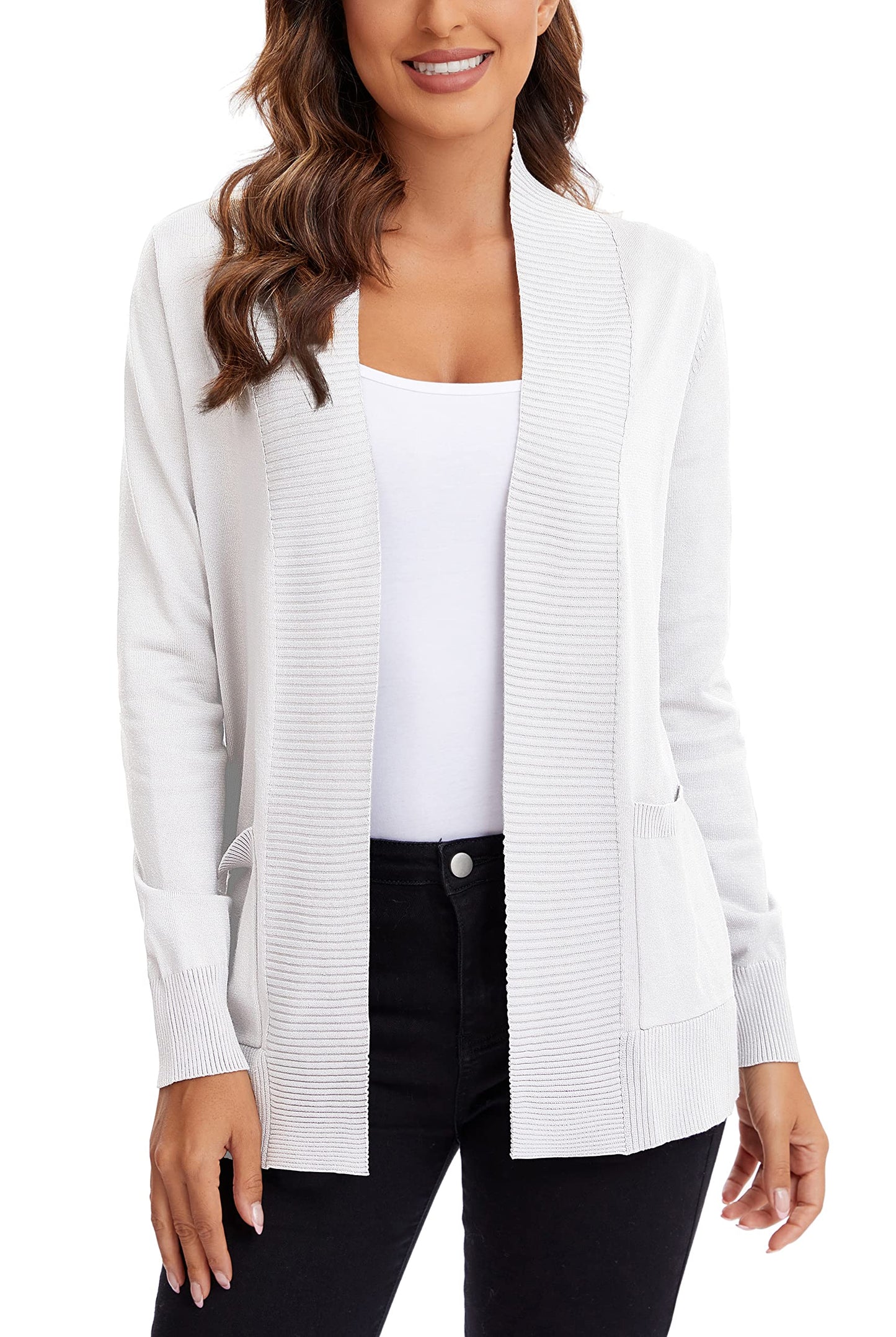 Urban CoCo Leichter Strickjacke für Damen mit offener Vorderseite, lange Ärmel, mit Tasche