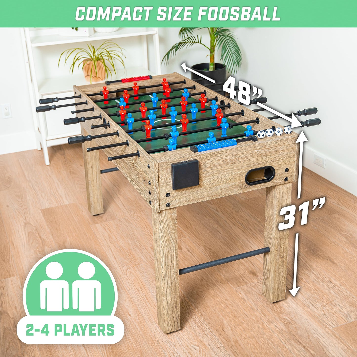 GoSports 48 Inch Game Room Size Foosball Table - Includes 4 Balls and 2 Cup Holders – Black, Oak, or White