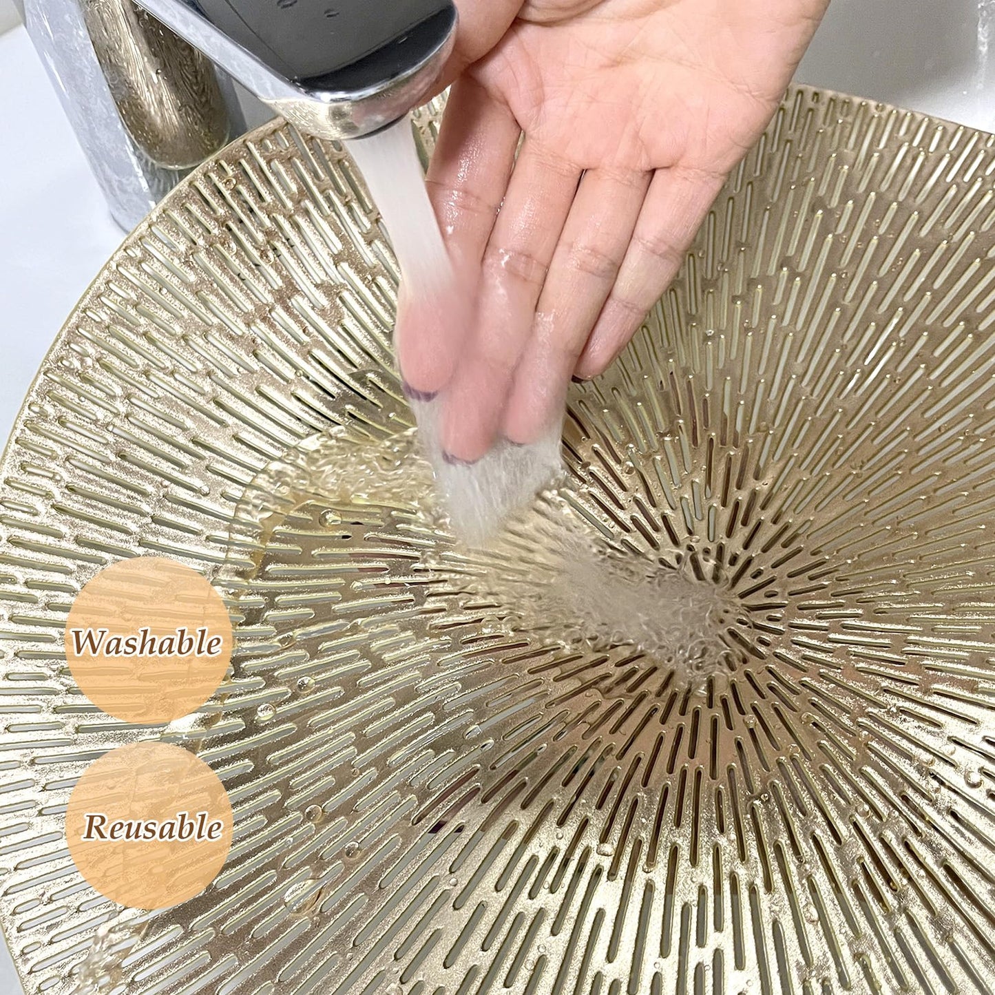 Silberne, runde Tischsets, ausgehöhlte, waschbare und abwischbare Tischsets, Tischsets aus gepresstem Vinyl, 6er-Set für Küchendekorationen zum Jubiläumsessen