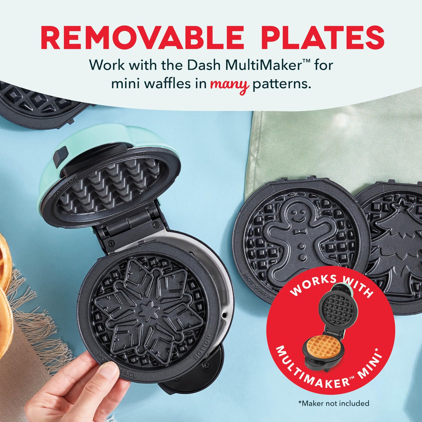 DASH Multimaker Mini System Two 4” Nonstick Removable Waffle Plates (Gingerbread & Snowflake) - 2Pc Plate Pack for Waffle Iron & Griddle, Compatible with Dash MultiMaker Mini System, Nonstick Surface