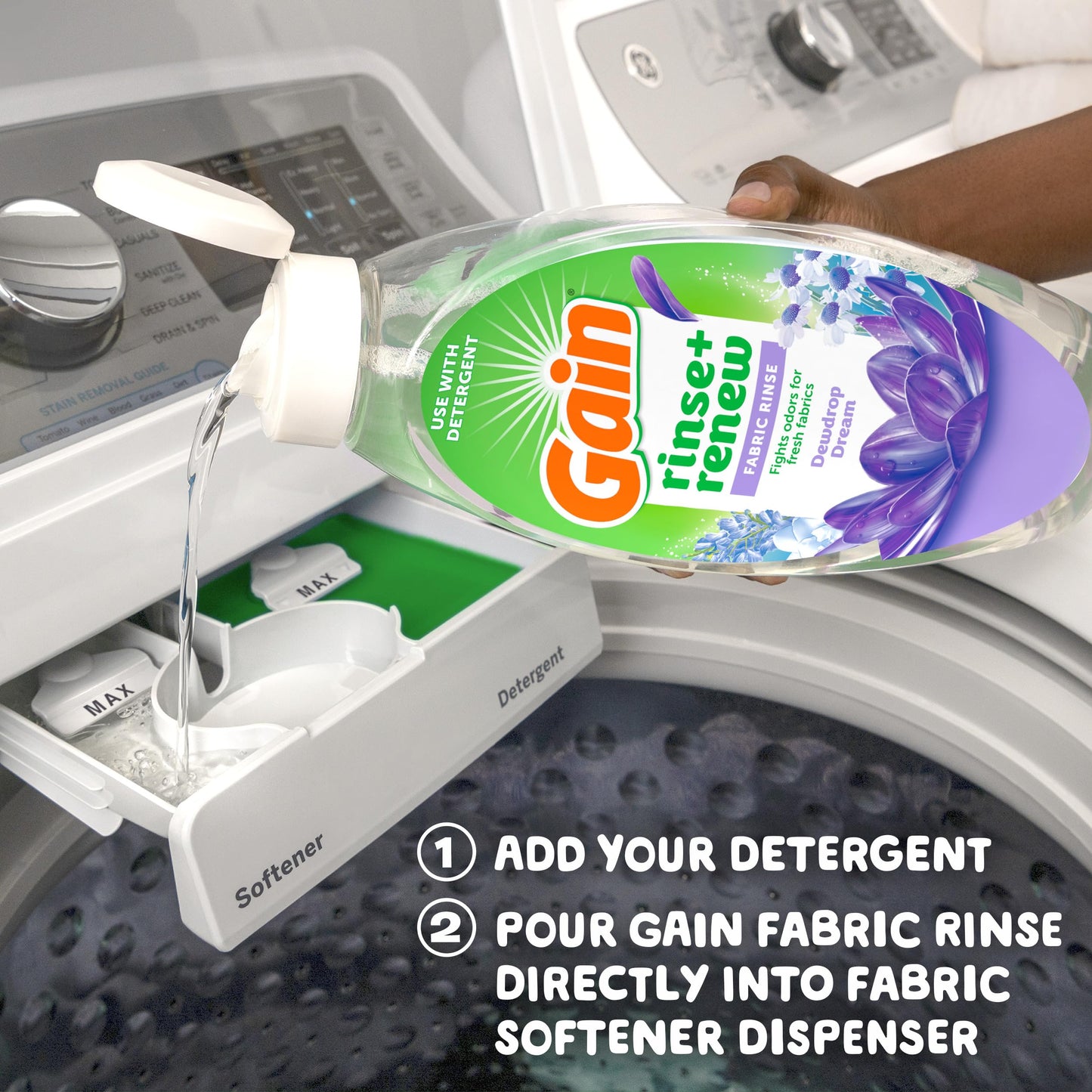 Gain Rinse and Renew Fabric Rinse, Dewdrop Dream, 48 fl oz, Odor Fighter, Laundry Deodorizer