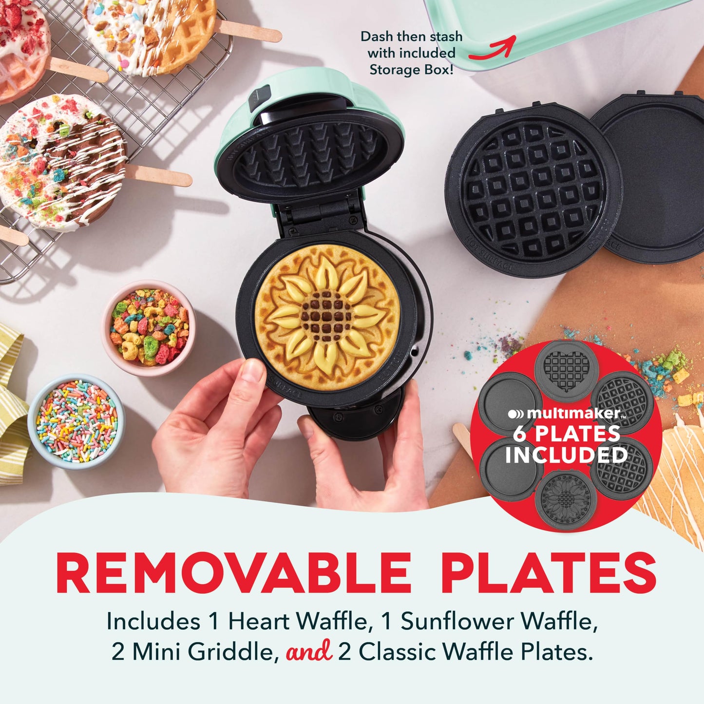 DASH Holiday Multimaker Mini System - Waffle Maker with Six 4” Removable Holiday Plates: Waffle Iron & Griddle, 4-in-1 Mini Waffle Maker for Kids and Families – Nonstick Surface, Santa Waffle (Red)