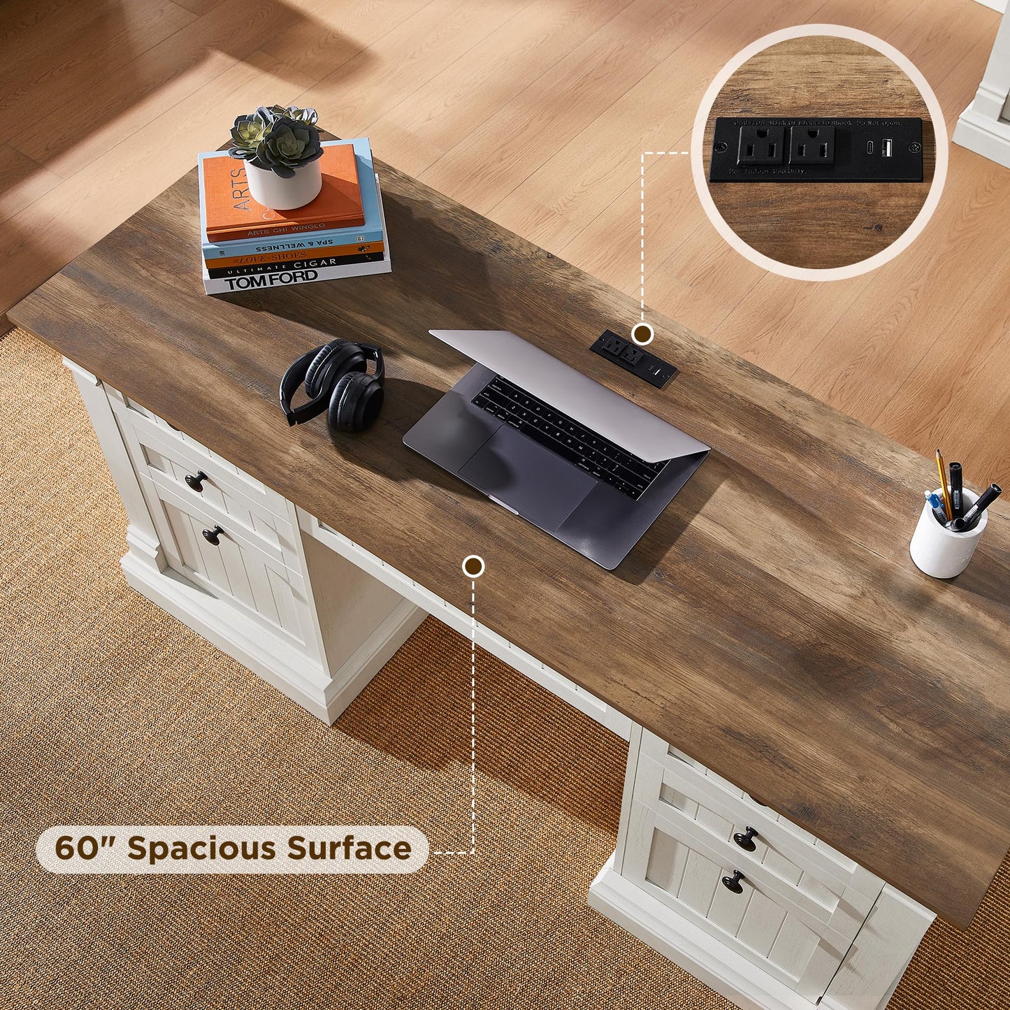 OKD 60-Zoll-Chefschreibtisch mit Schubladen, Home-Office-Schreibtisch im Landhausstil mit Ladestation, Tastaturablage, Aktenschrank-Aufbewahrung, Holz-Computertisch für Arbeit und Studium, Antikweiß