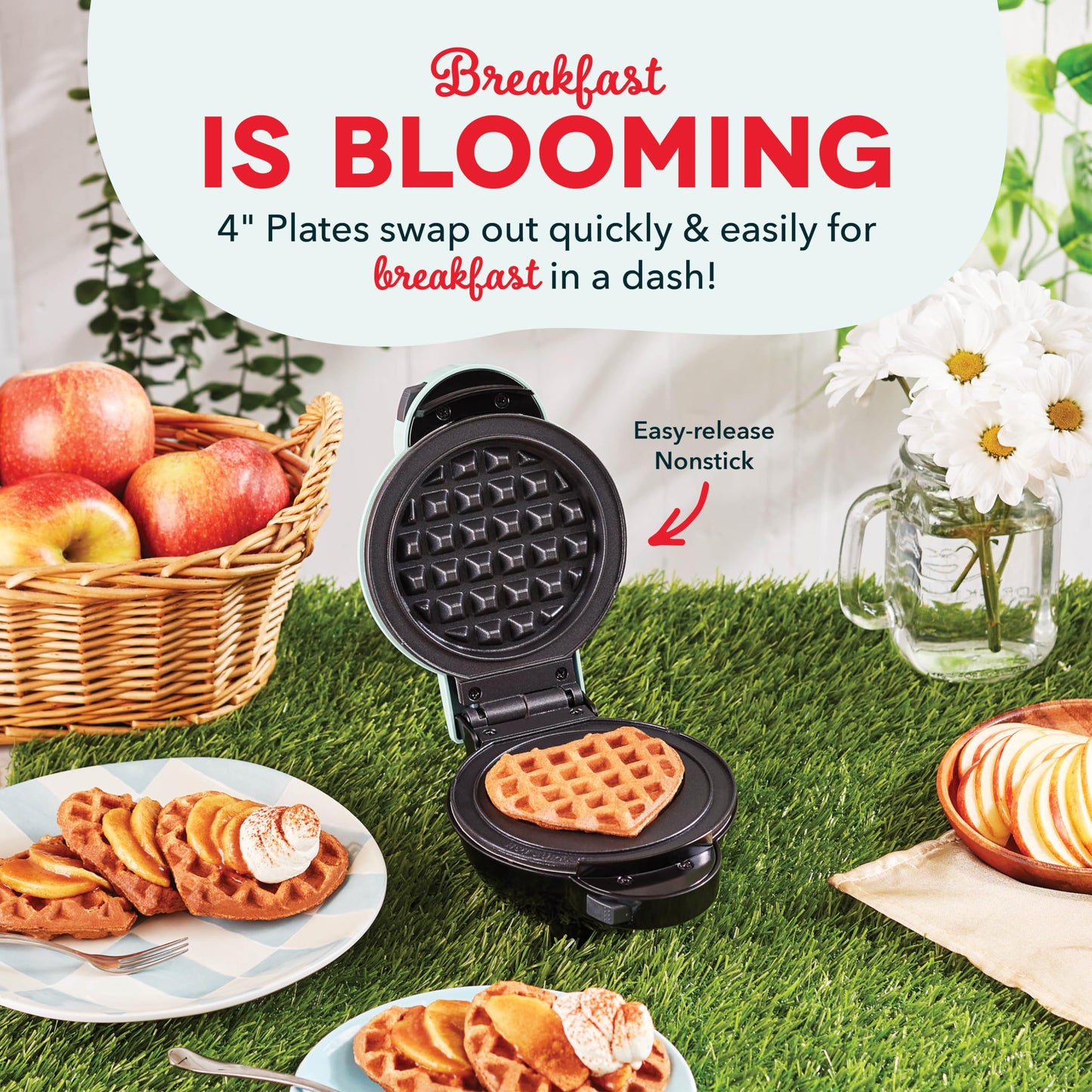 DASH Holiday Multimaker Mini System - Waffle Maker with Six 4” Removable Holiday Plates: Waffle Iron & Griddle, 4-in-1 Mini Waffle Maker for Kids and Families – Nonstick Surface, Santa Waffle (Red)