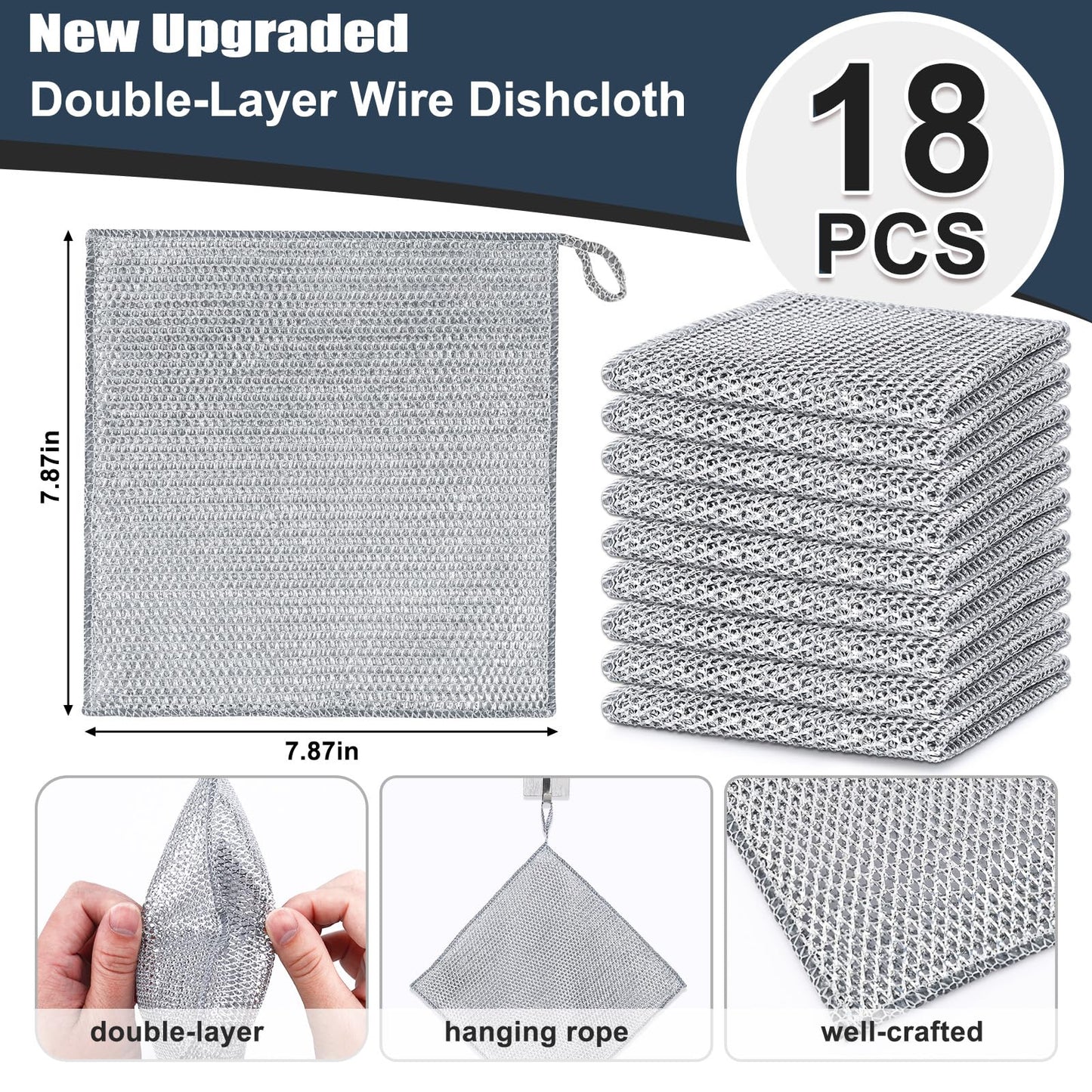 Navona 18 Pcs New Upgrade Steel Wire Dishcloth,Double-Layer Steel Wire Cleaning Cloth,Powerful Cleaning Non-Scratch Wire Dishcloth Rag for Cookware, Sinks, Dishes, Stove Tops, Small