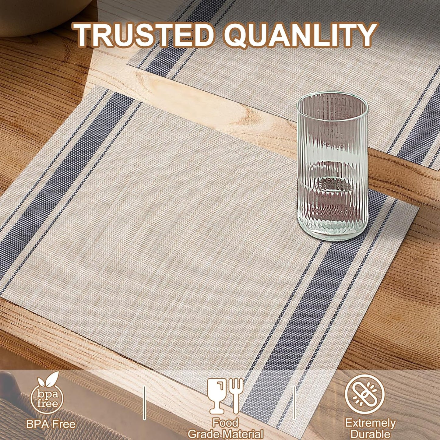 Tischsets 6er-Set, gewebtes Vinyl-Tischset für Esstisch, waschbar, abwischbar, Küchentischsets, strapazierfähige Tischsets für drinnen und draußen, 01 Beige, 6 Stück