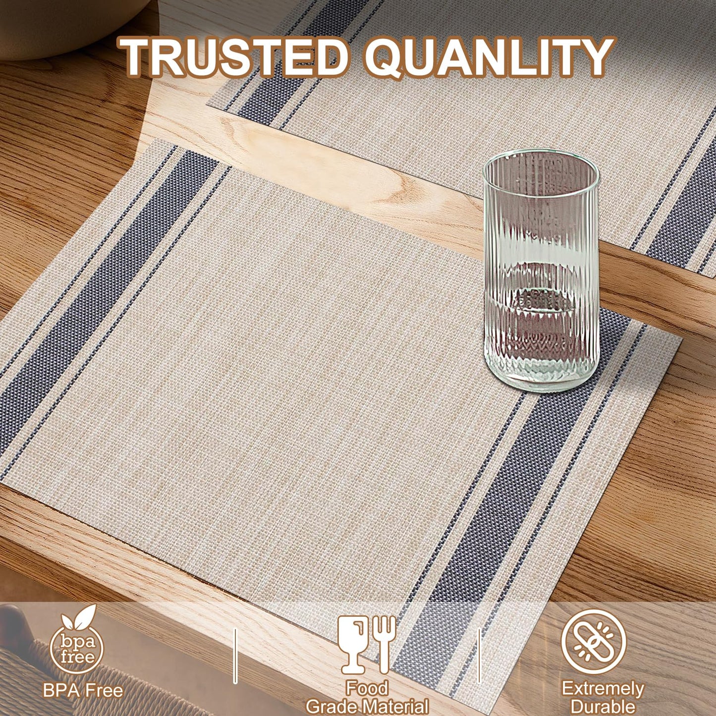 Tischsets 6er-Set, gewebtes Vinyl-Tischset für Esstisch, waschbar, abwischbar, Küchentischsets, strapazierfähige Tischsets für drinnen und draußen, 01 Beige, 6 Stück
