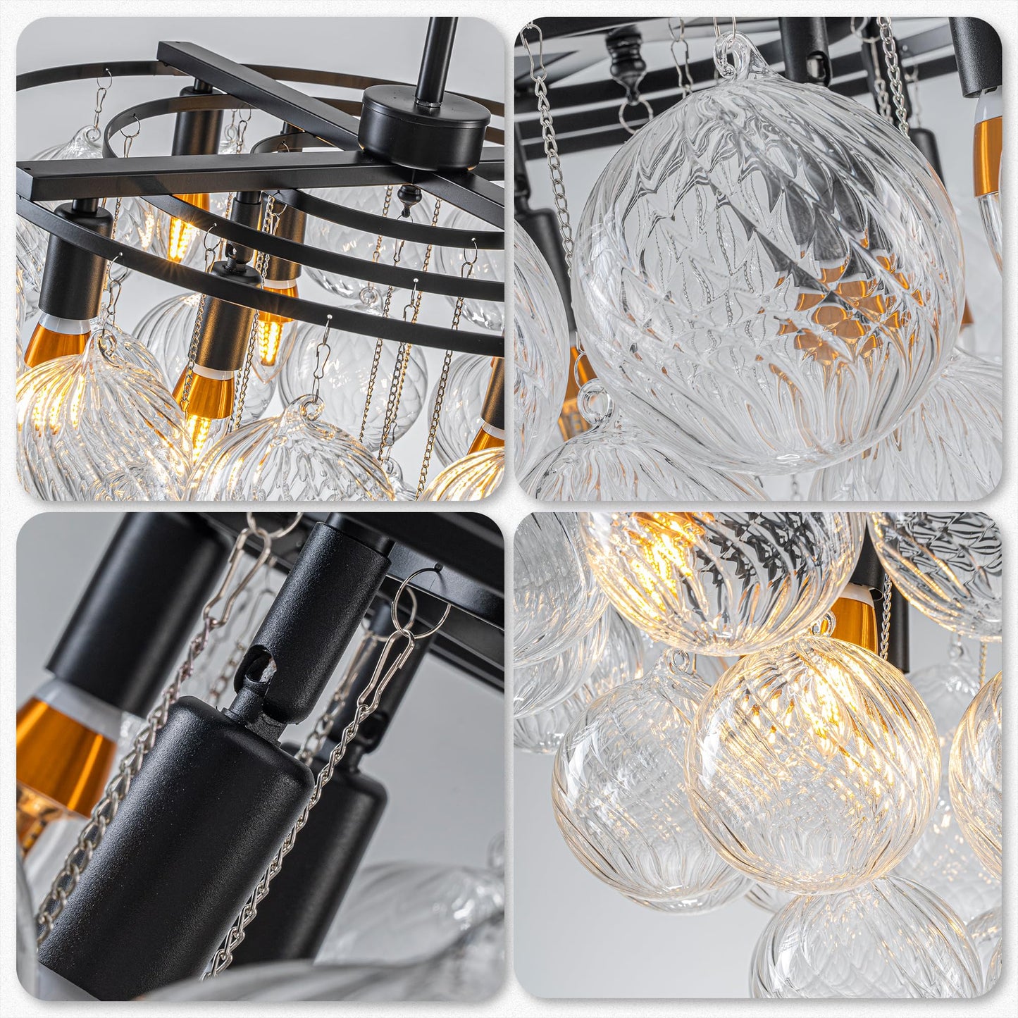 Goldfarbener mehrstufiger Glaskugel-Blasen-Kronleuchter, runder Kronleuchter aus gewirbeltem Glas, klares geblasenes Glas, 8-flammige Pendelleuchte mit 24 Zoll Durchmesser für Schlafzimmer und Restaurant