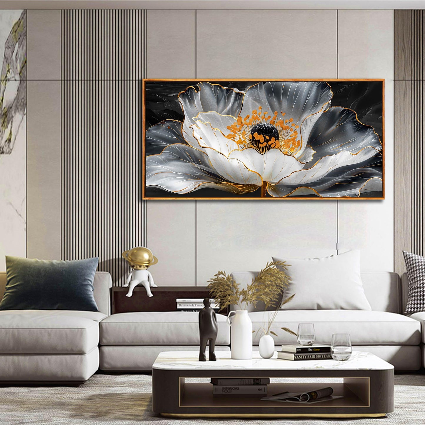 Gold Wall Art White Wall Pictures Beautiful Flower Wall Decorations for Living Room Black Artwork 24"x48" Art for Home Office