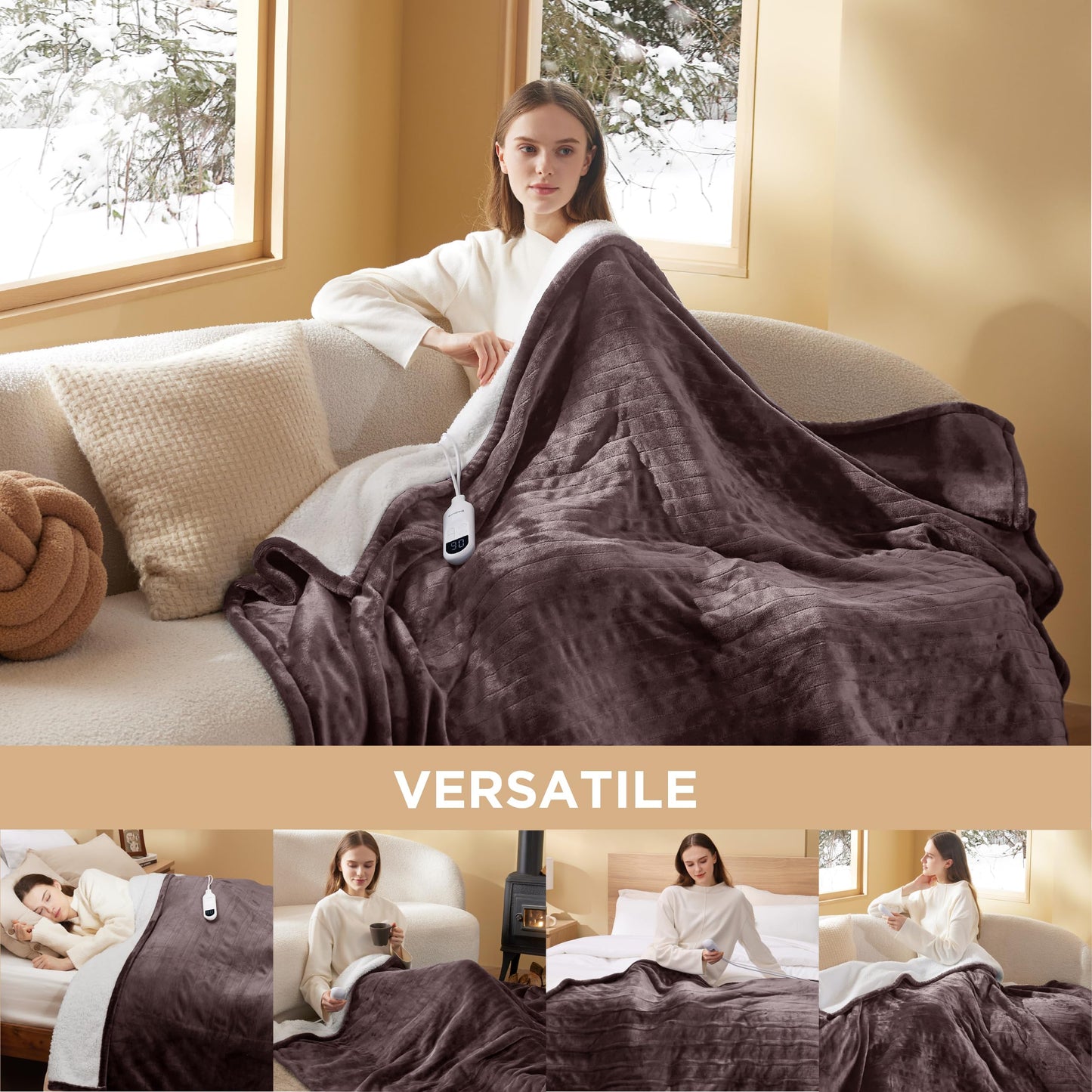 Electric Heated Blanket/Throw - Seamless Flannel Electric Blanket, Heating Blanket with 4 Time Settings & 6 Heat Settings, Warm Blanket Gift for Grandma (50x60 inches, Black)