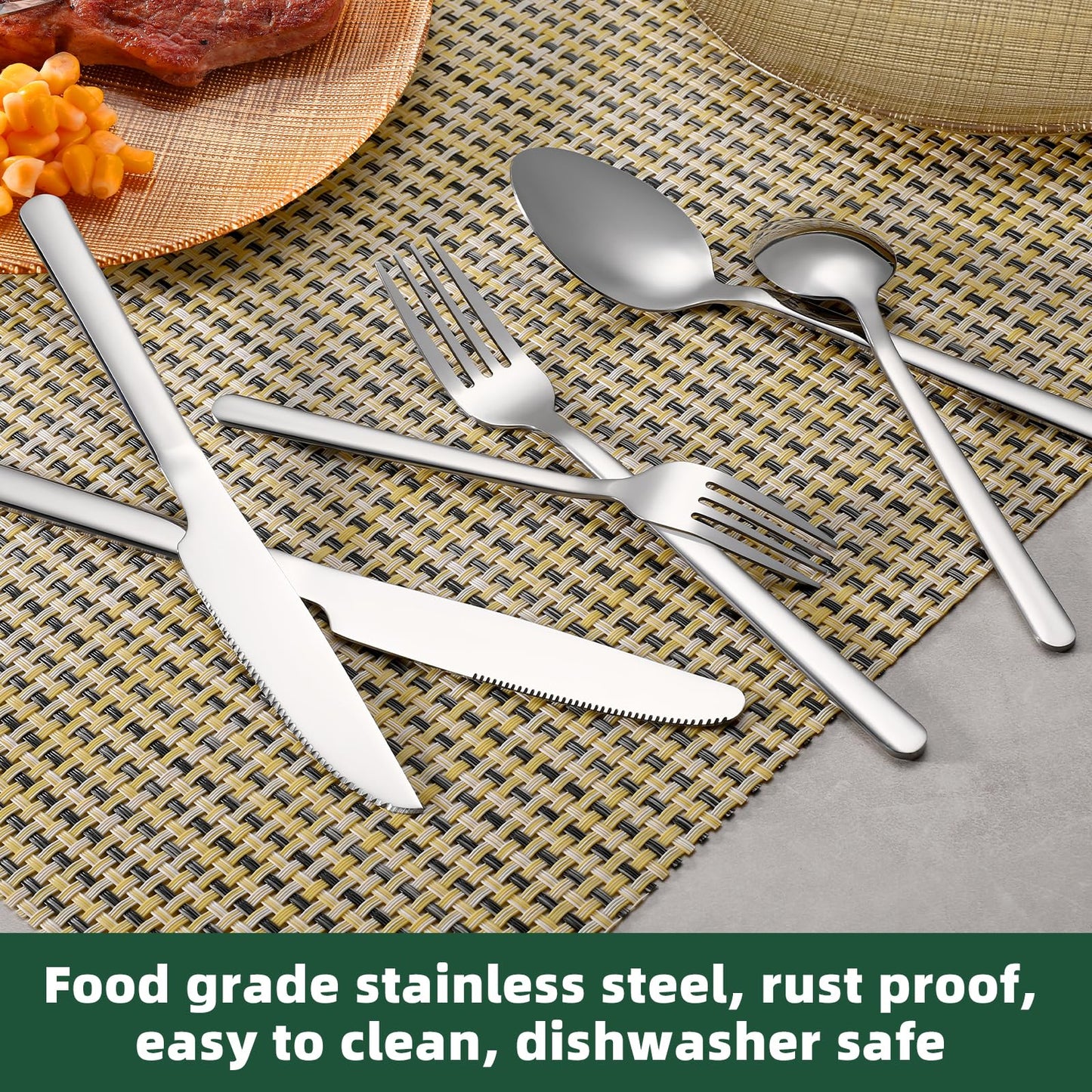 24 Pcs Gold Silverware Set with Steak Knives, Food-Grade Stainless Steel Flatware Cutlery Set for 4, Mirror Polished Tableware Eating Utensils Set for Kitchen, Knife Fork Spoon Set, Dishwasher Safe