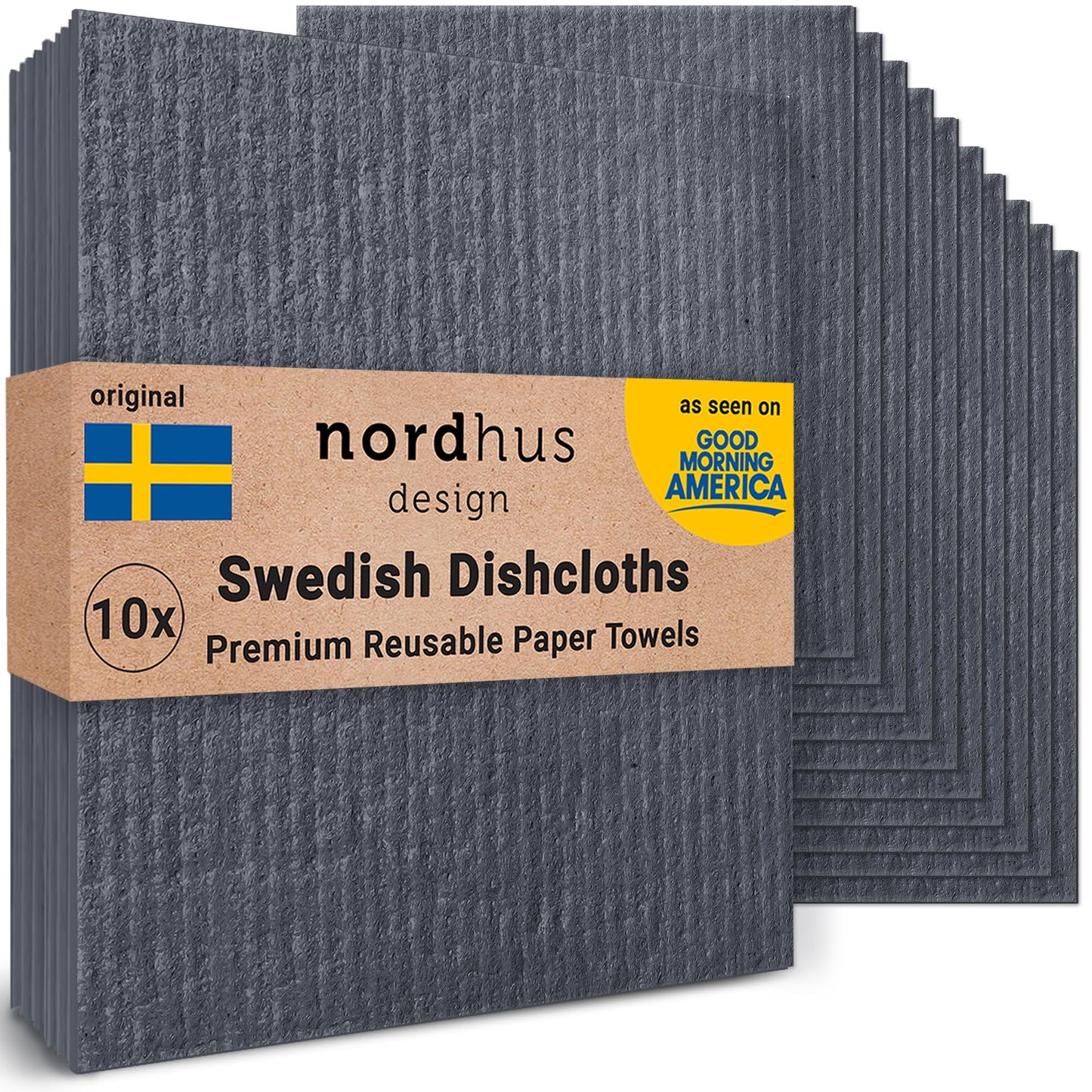 Nordhus Design Swedish Dishcloths for Kitchen, 10 Cloths, Made in Sweden - Reusable, Washable Cellulose Cotton Kitchen Cloths - Replace Paper Towels, Wipes, Sponges, Dish Rags