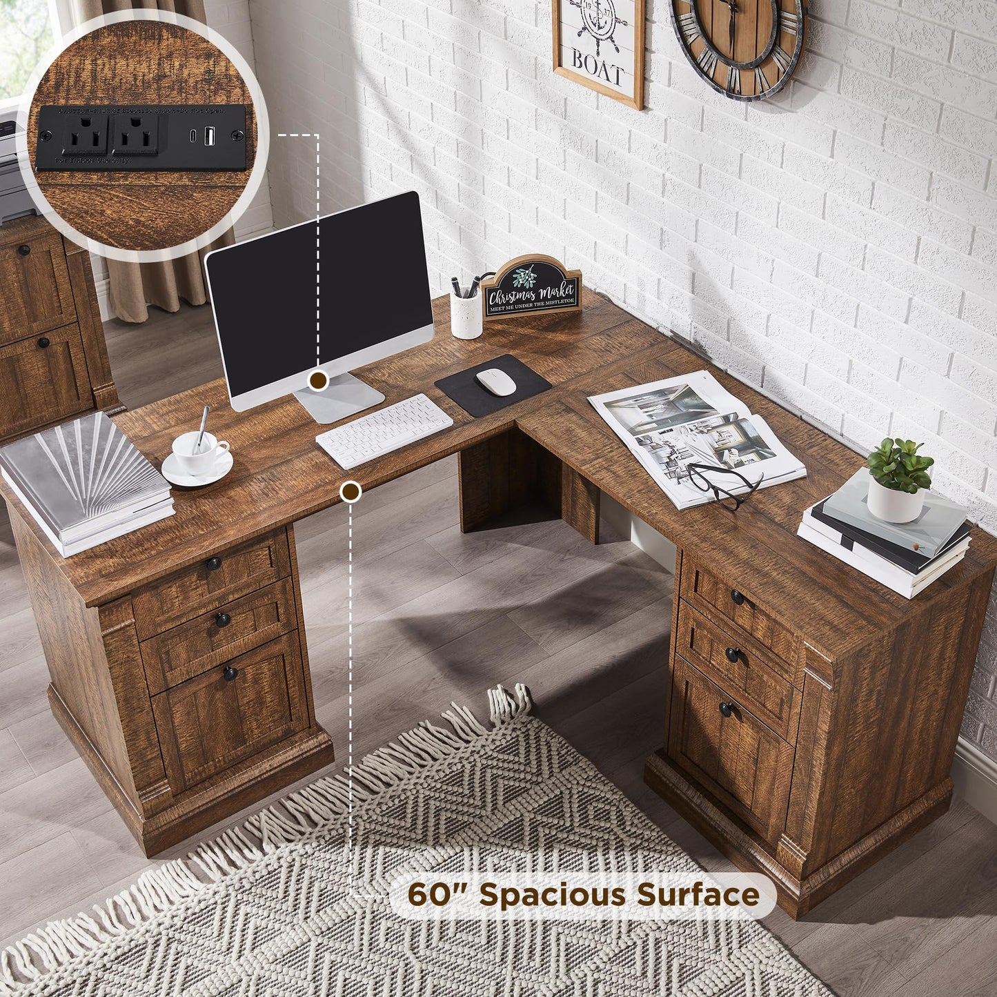 OKD 60-Zoll-Chefschreibtisch mit Schubladen, Home-Office-Schreibtisch im Landhausstil mit Ladestation, Tastaturablage, Aktenschrank-Aufbewahrung, Holz-Computertisch für Arbeit und Studium, Antikweiß