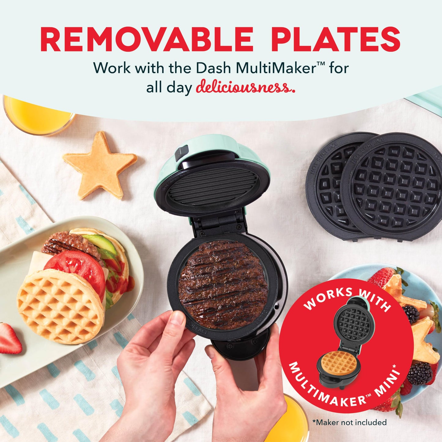 DASH Multimaker Mini System Two 4” Nonstick Removable Waffle Plates (Gingerbread & Snowflake) - 2Pc Plate Pack for Waffle Iron & Griddle, Compatible with Dash MultiMaker Mini System, Nonstick Surface