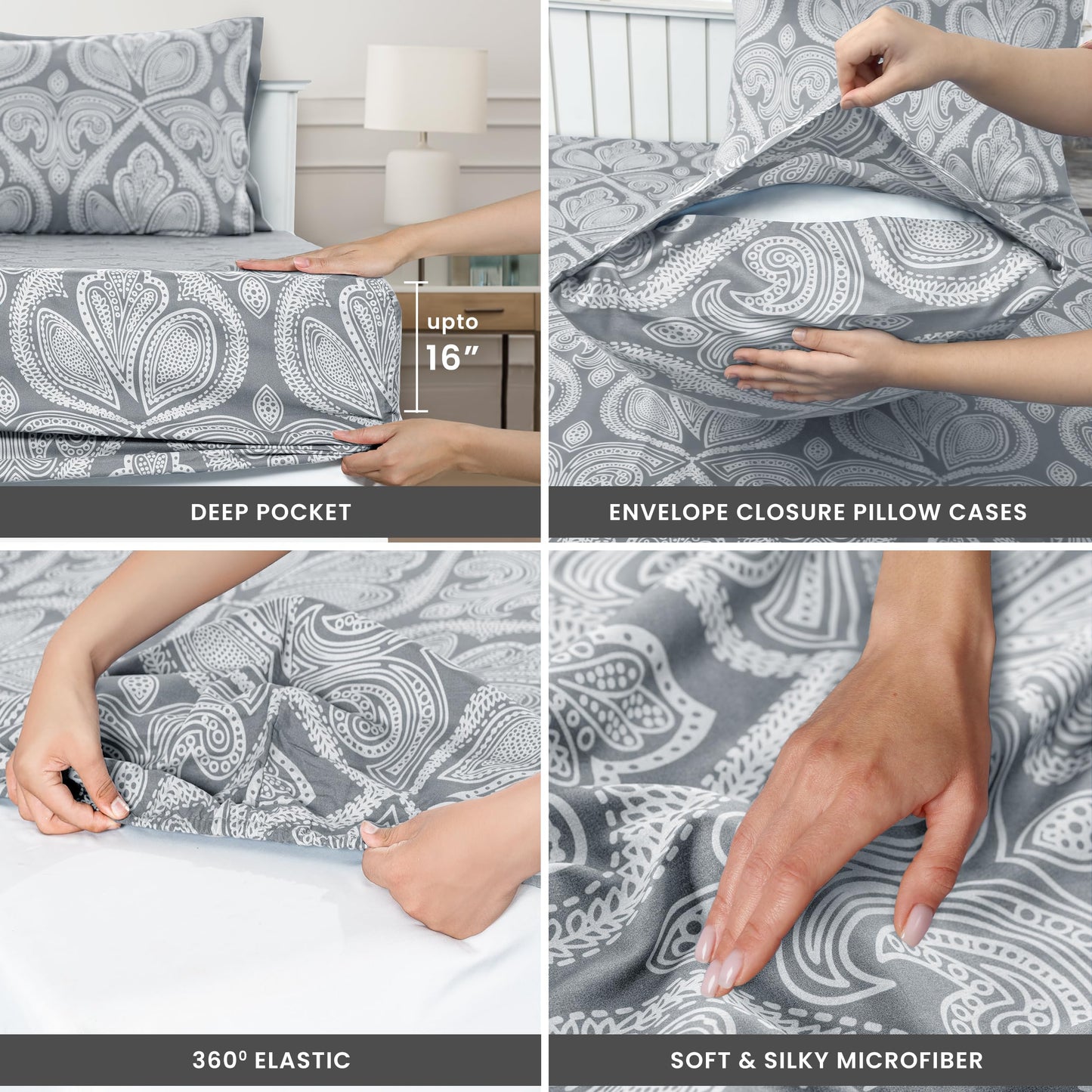 LUX Decor Paisley King-Bettlaken-Set, 6-teilig, weiche, knitterfreie Mikrofaser-Bettlaken – luxuriös bedruckte Bettlaken, inklusive Bettlaken, Spannbettlaken mit tiefen Taschen und 4 Kissenbezügen – Taupe