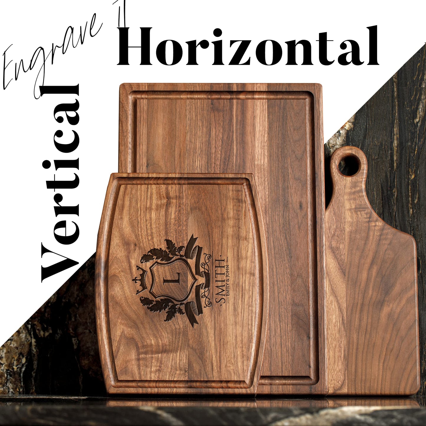 Personalisiertes Walnuss-Schneidebrett mit Untersetzern, Mineralöl und Geschenkverpackung erhältlich – Gestalten Sie Ihr eigenes Schneidebrett, hergestellt in den USA (Design 22, 3. Walnuss 17"x11")