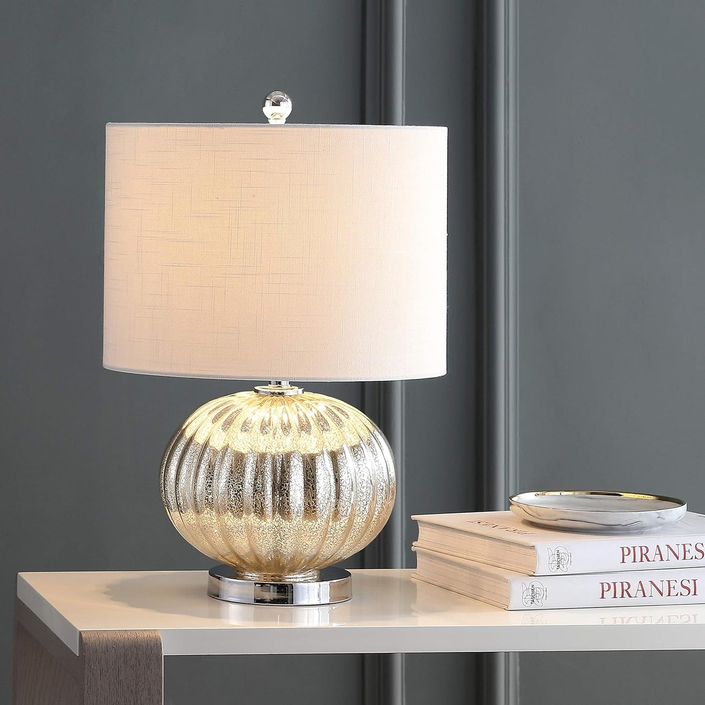 JONATHAN Y JYL4015A Judith 21" Quecksilberglas-LED-Tischlampe, moderne Übergangs-Nachttischlampe für Schlafzimmer, Wohnzimmer, Büro, College, Bücherregal, LED-Glühbirne enthalten, Quecksilbersilber