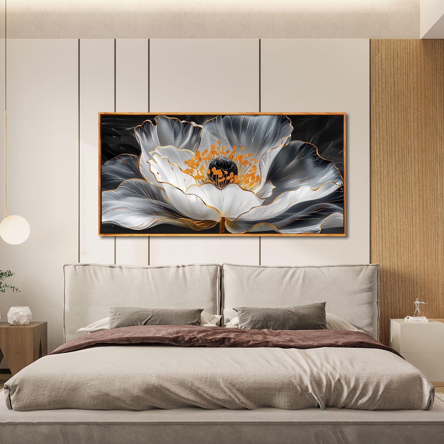 Gold Wall Art White Wall Pictures Beautiful Flower Wall Decorations for Living Room Black Artwork 24"x48" Art for Home Office