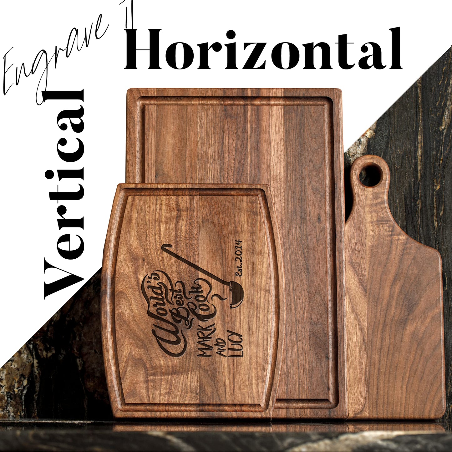 Personalisiertes Walnuss-Schneidebrett mit Untersetzern, Mineralöl und Geschenkverpackung erhältlich – Gestalten Sie Ihr eigenes Schneidebrett, hergestellt in den USA (Design 22, 3. Walnuss 17"x11")