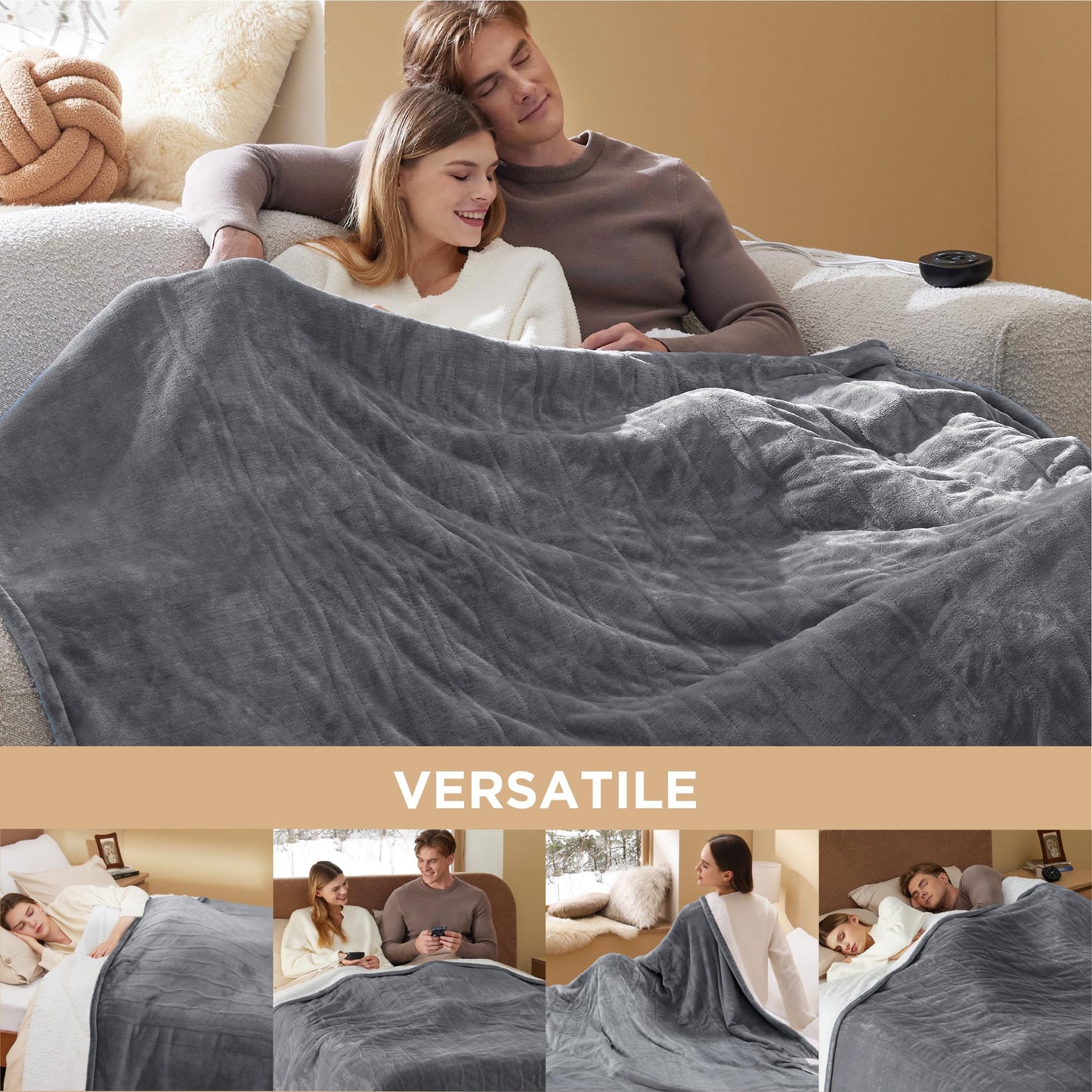 Electric Heated Blanket/Throw - Seamless Flannel Electric Blanket, Heating Blanket with 4 Time Settings & 6 Heat Settings, Warm Blanket Gift for Grandma (50x60 inches, Black)