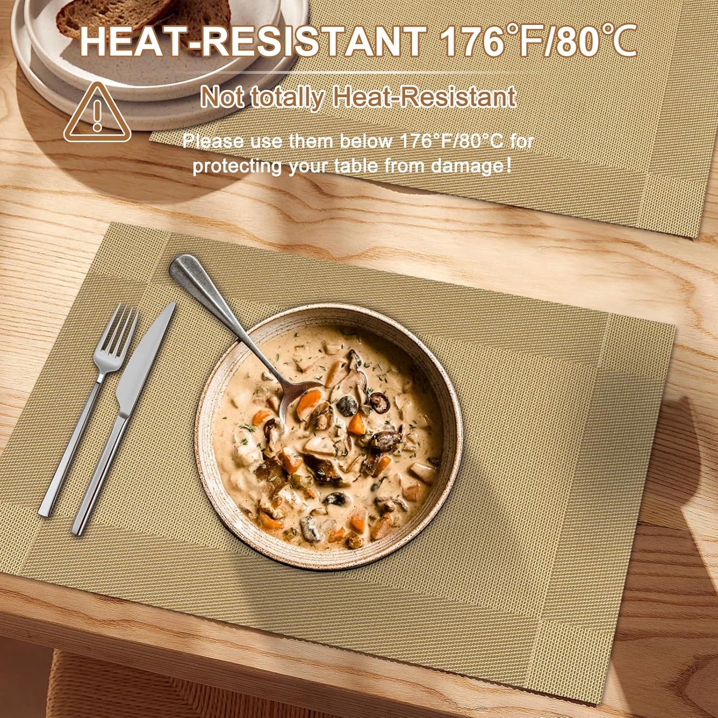 Tischsets 6er-Set, gewebtes Vinyl-Tischset für Esstisch, waschbar, abwischbar, Küchentischsets, strapazierfähige Tischsets für drinnen und draußen, 01 Beige, 6 Stück
