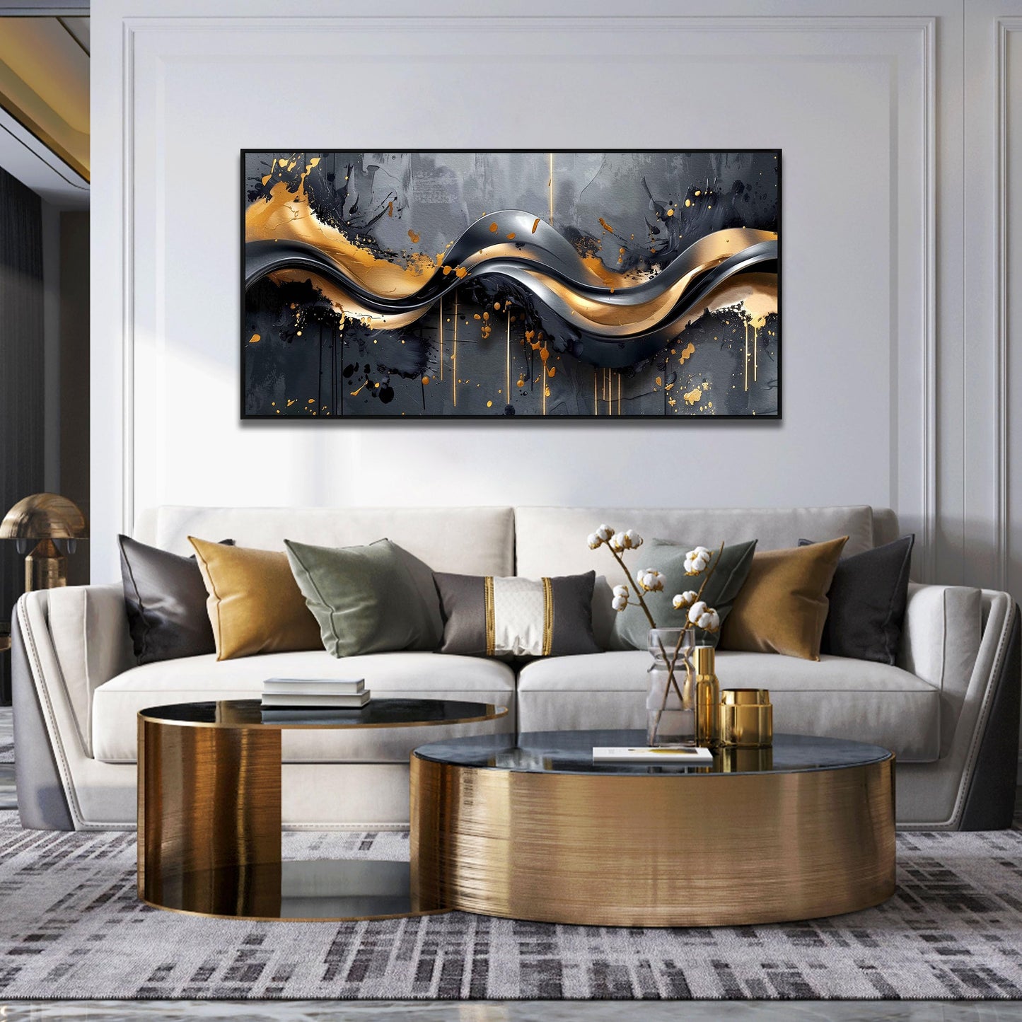 Gold Wall Art White Wall Pictures Beautiful Flower Wall Decorations for Living Room Black Artwork 24"x48" Art for Home Office