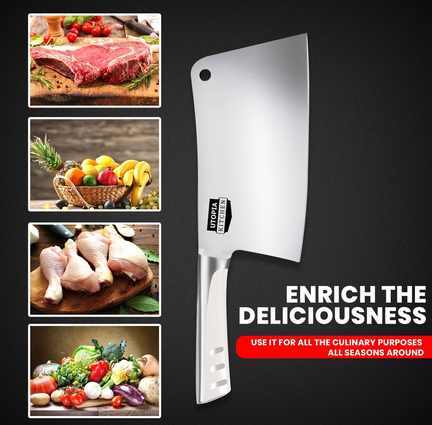 Utopia Kitchen 8 Inch Cleaver Knife Stainless Steel Chopper Butcher Knife for Home Kitchen and Restaurant Black