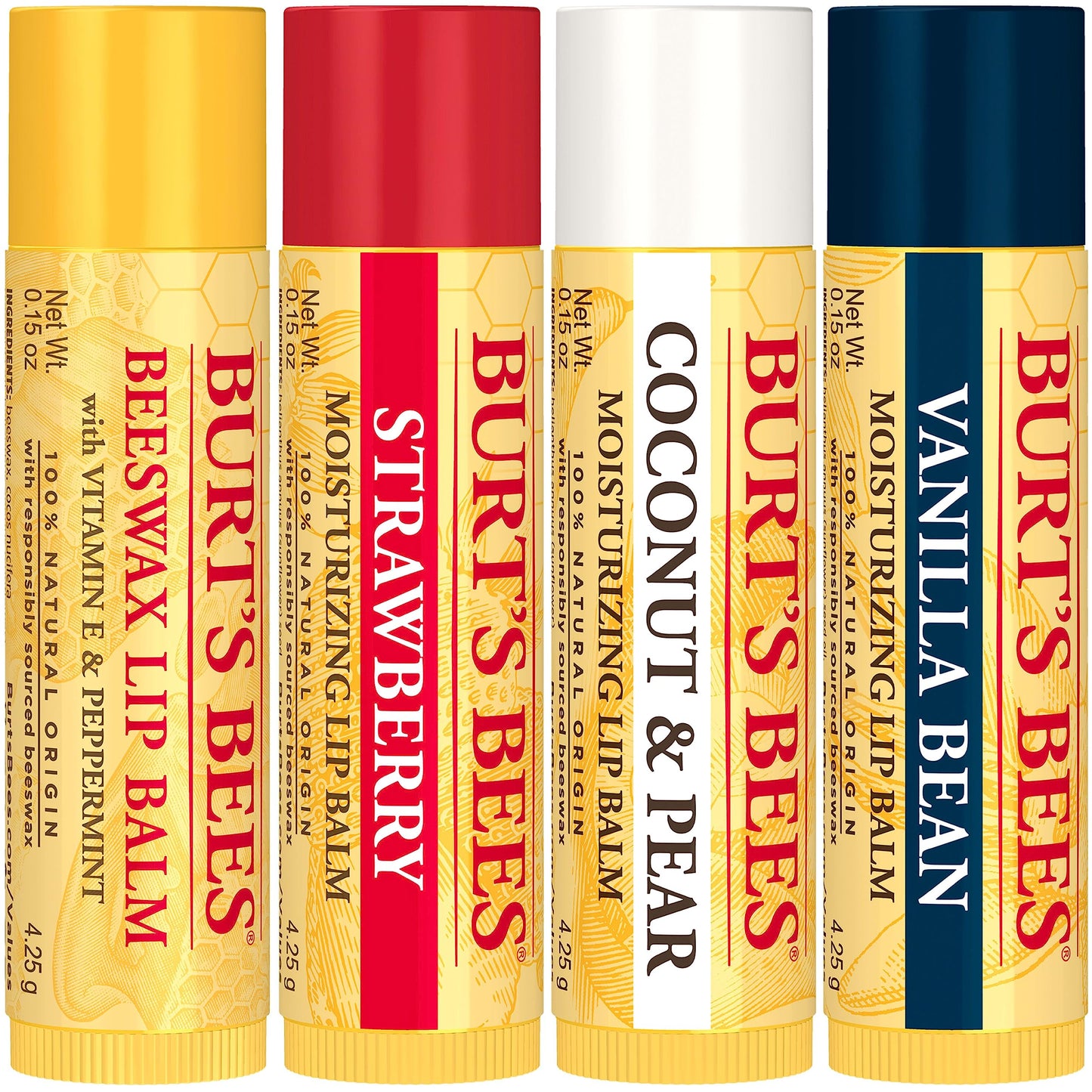 Lip Balm - Beeswax, Strawberry, Coconut and Pear, and Vanilla Bean, With Responsibly Sourced Beeswax, Tint-Free, Natural Origin Lip Treatment, 4 Tubes, 0.15 oz.