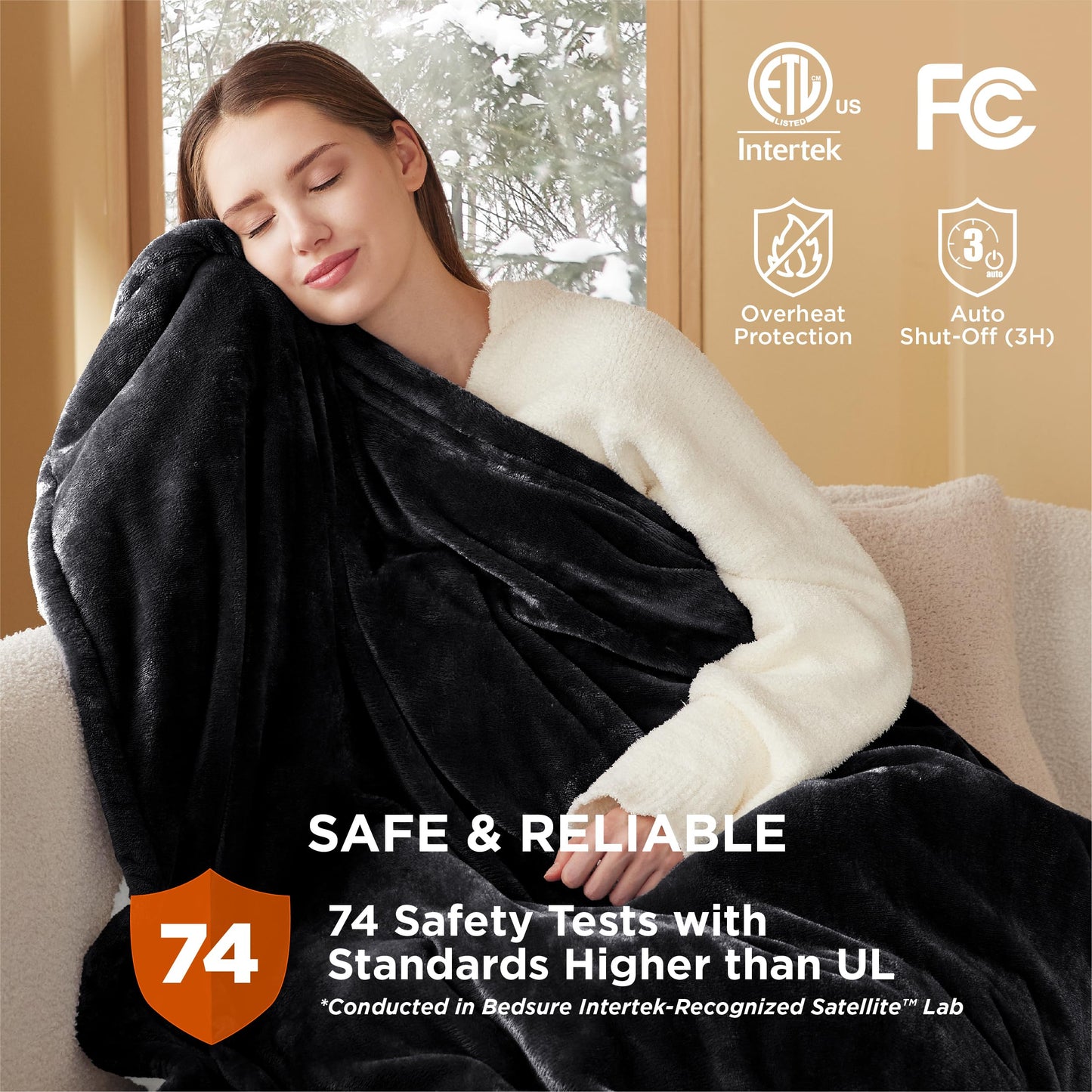 Electric Heated Blanket/Throw - Seamless Flannel Electric Blanket, Heating Blanket with 4 Time Settings & 6 Heat Settings, Warm Blanket Gift for Grandma (50x60 inches, Black)