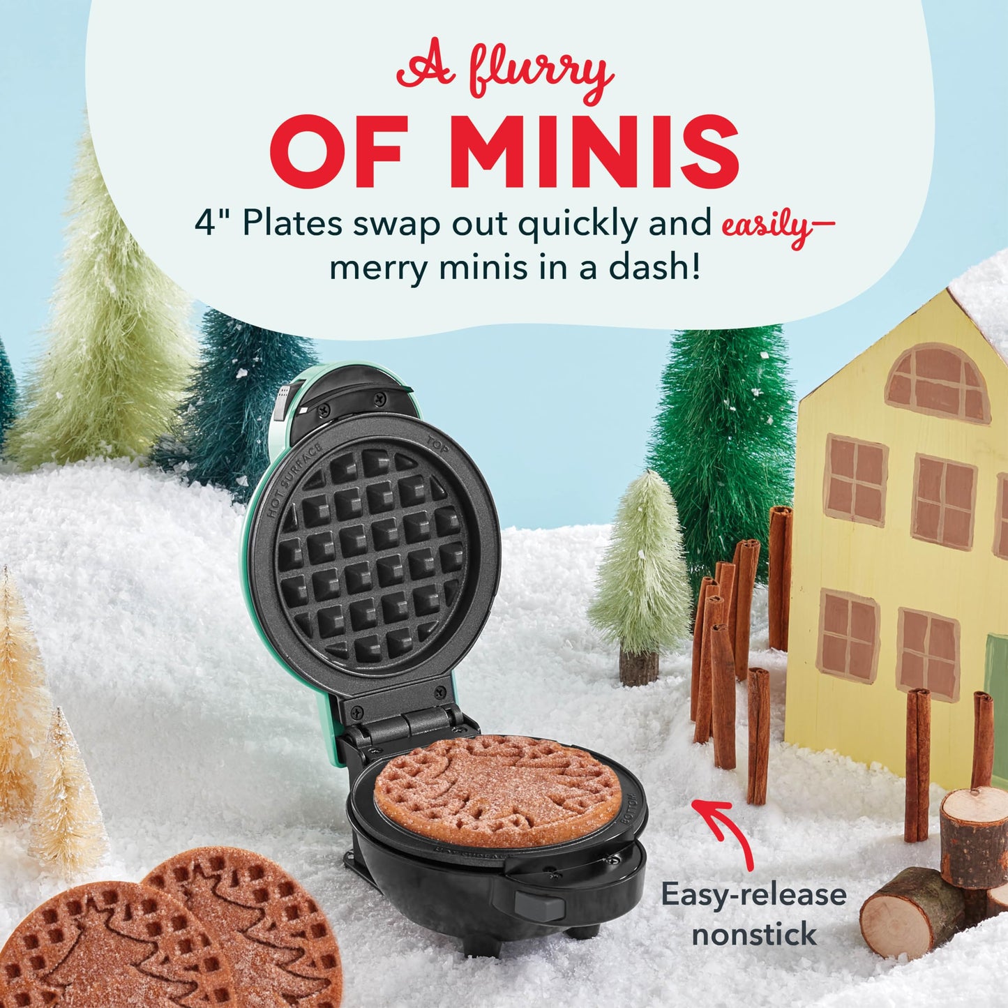 DASH Multimaker Mini System Two 4” Nonstick Removable Waffle Plates (Gingerbread & Snowflake) - 2Pc Plate Pack for Waffle Iron & Griddle, Compatible with Dash MultiMaker Mini System, Nonstick Surface