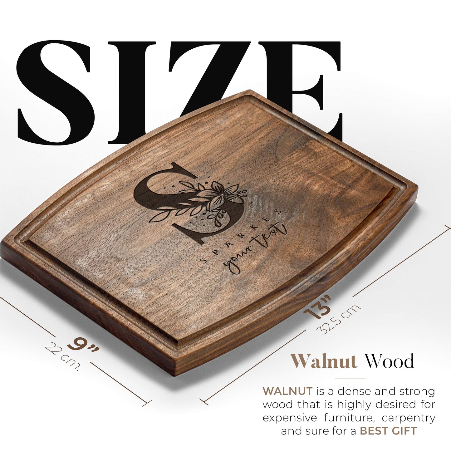 Personalisiertes Walnuss-Schneidebrett mit Untersetzern, Mineralöl und Geschenkverpackung erhältlich – Gestalten Sie Ihr eigenes Schneidebrett, hergestellt in den USA (Design 22, 3. Walnuss 17"x11")