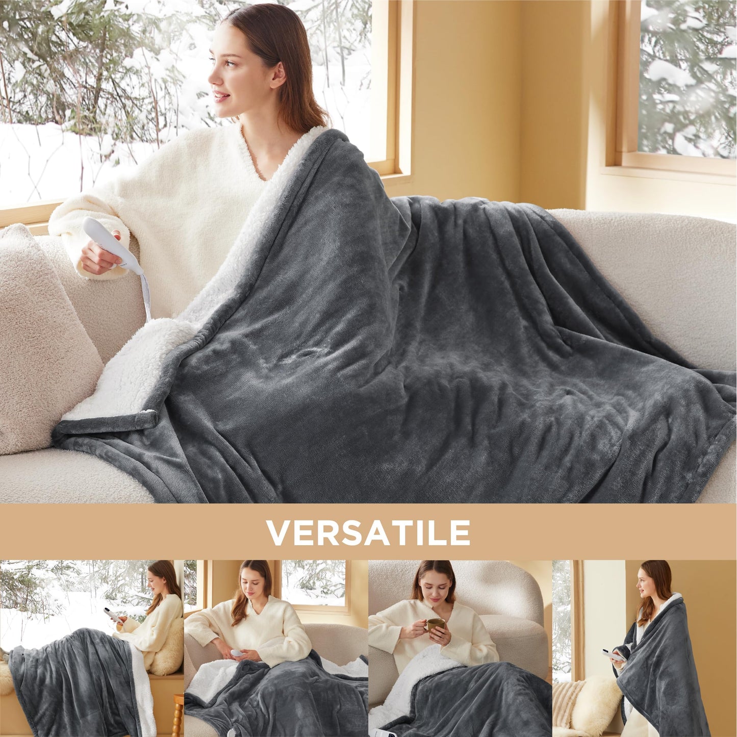 Electric Heated Blanket/Throw - Seamless Flannel Electric Blanket, Heating Blanket with 4 Time Settings & 6 Heat Settings, Warm Blanket Gift for Grandma (50x60 inches, Black)