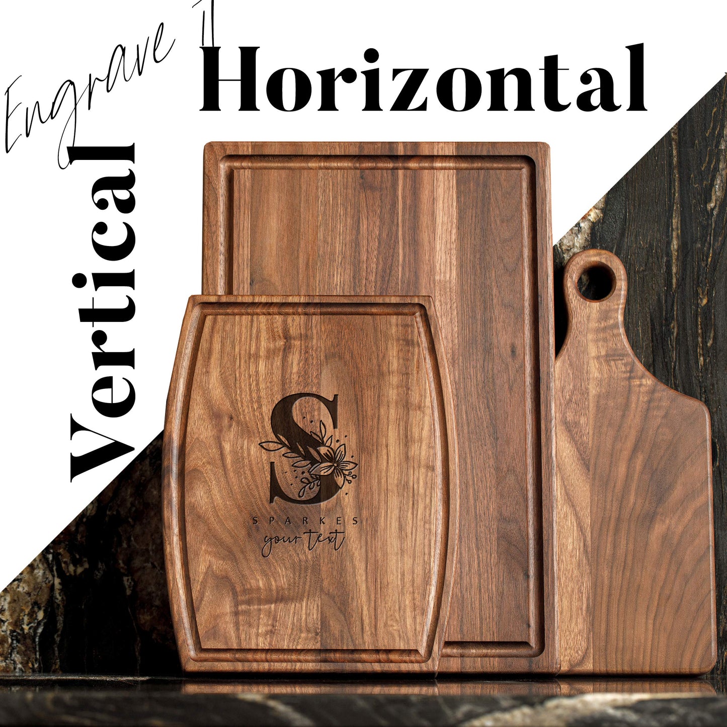 Personalisiertes Walnuss-Schneidebrett mit Untersetzern, Mineralöl und Geschenkverpackung erhältlich – Gestalten Sie Ihr eigenes Schneidebrett, hergestellt in den USA (Design 22, 3. Walnuss 17"x11")