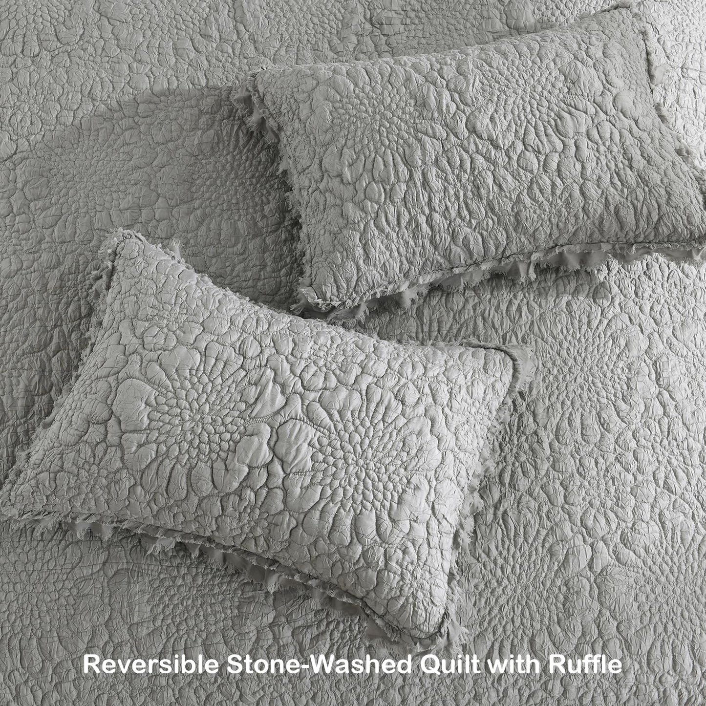 HORIMOTE HOME White Ruffled Quilt King Size, Stone-Washed Microfiber Lightweight Crinkled Farmhouse Rustic Shabby Chic Bedding Set, 3 Pieces Reversible Bedspread with Pillow Shams for All Season