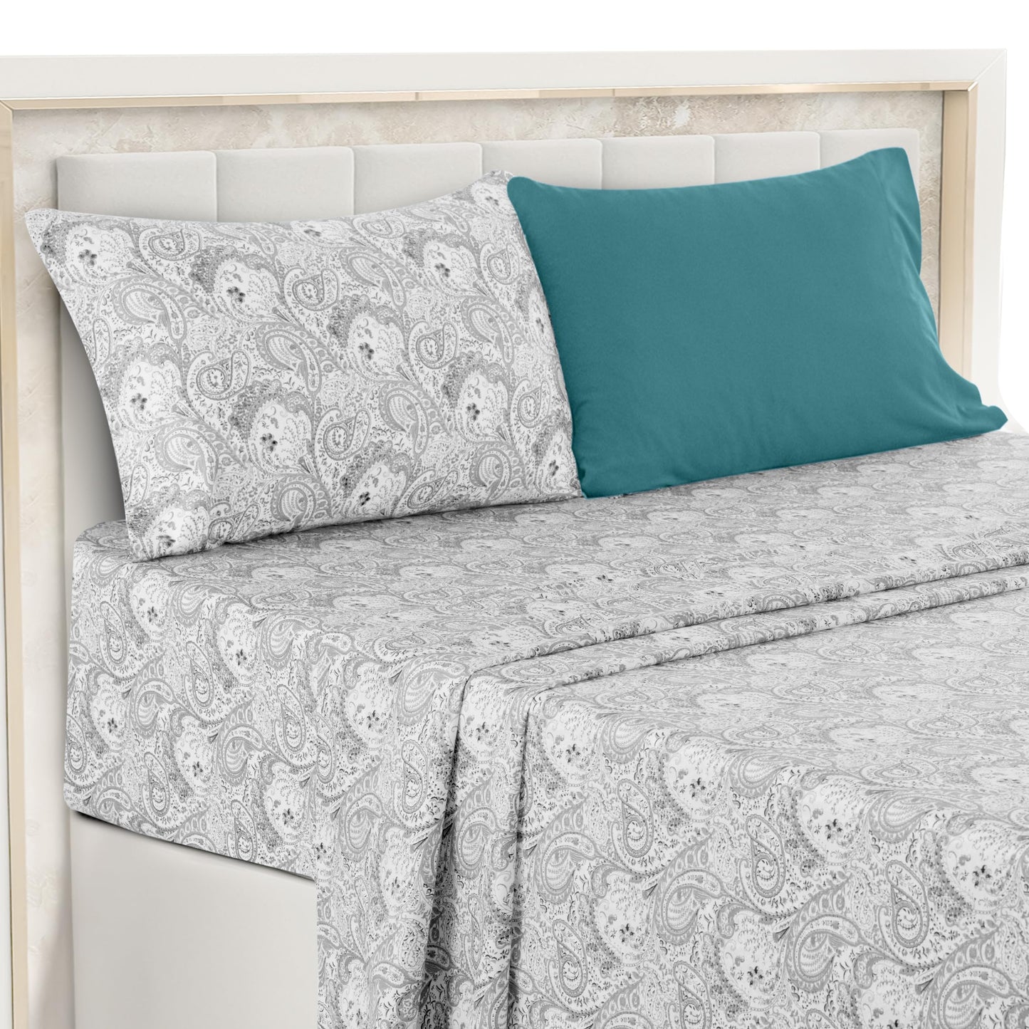 LUX Decor Paisley King-Bettlaken-Set, 6-teilig, weiche, knitterfreie Mikrofaser-Bettlaken – luxuriös bedruckte Bettlaken, inklusive Bettlaken, Spannbettlaken mit tiefen Taschen und 4 Kissenbezügen – Taupe