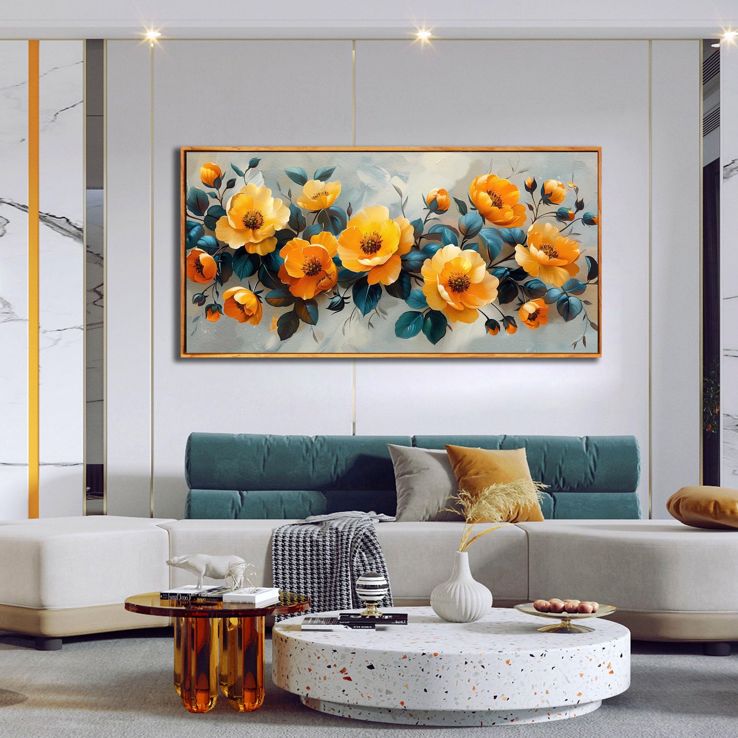 Gold Wall Art White Wall Pictures Beautiful Flower Wall Decorations for Living Room Black Artwork 24"x48" Art for Home Office