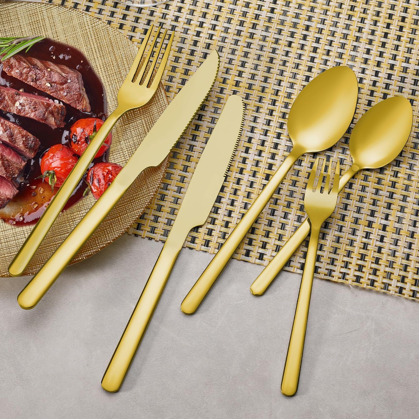 24 Pcs Gold Silverware Set with Steak Knives, Food-Grade Stainless Steel Flatware Cutlery Set for 4, Mirror Polished Tableware Eating Utensils Set for Kitchen, Knife Fork Spoon Set, Dishwasher Safe