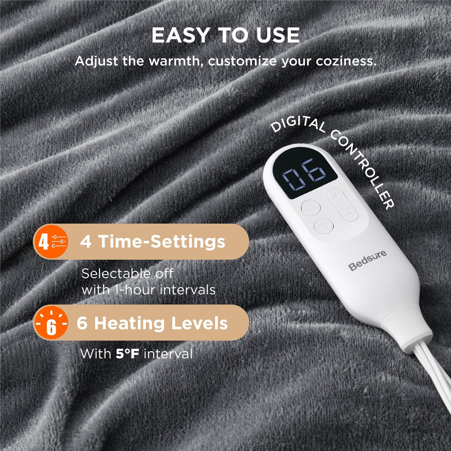 Electric Heated Blanket/Throw - Seamless Flannel Electric Blanket, Heating Blanket with 4 Time Settings & 6 Heat Settings, Warm Blanket Gift for Grandma (50x60 inches, Black)