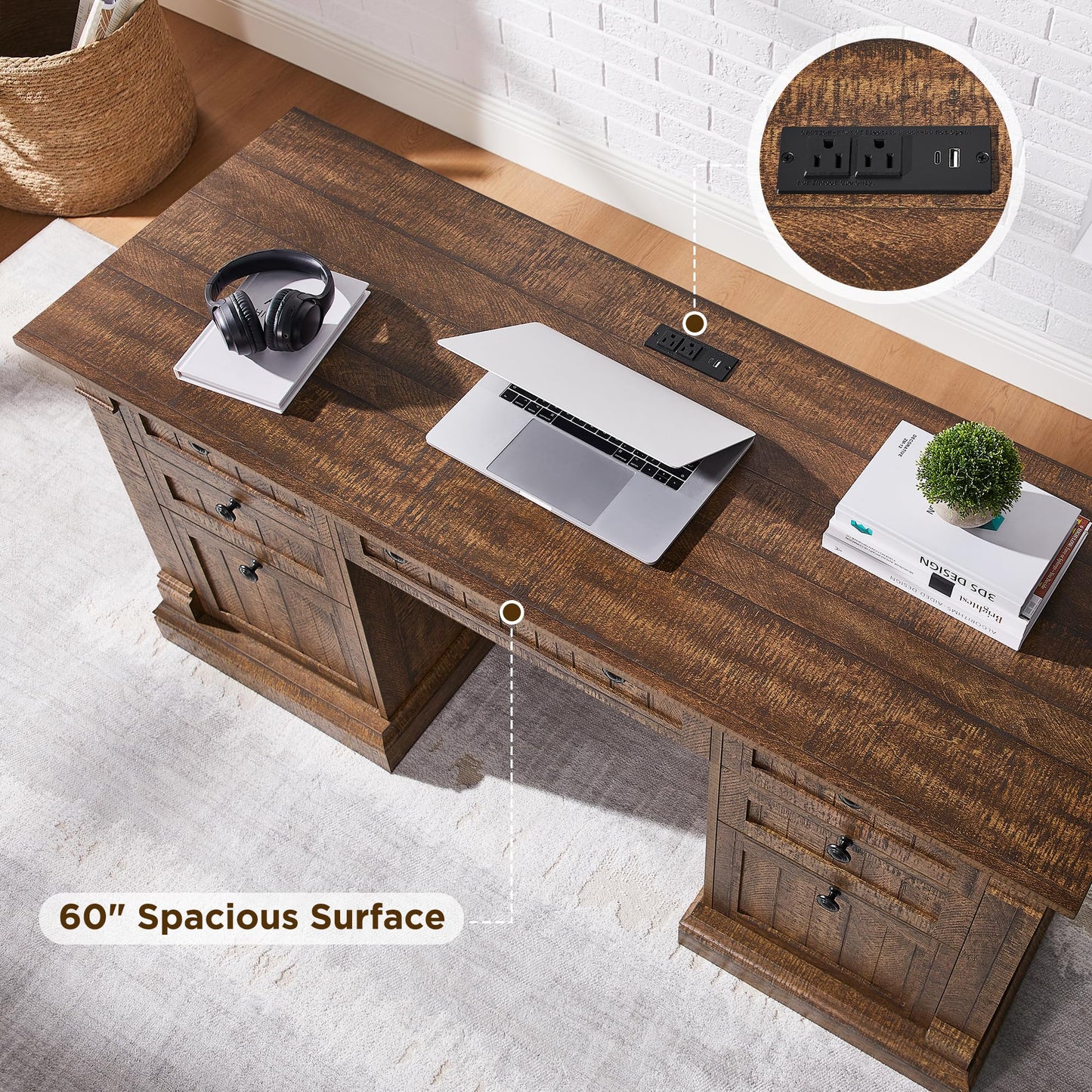OKD 60-Zoll-Chefschreibtisch mit Schubladen, Home-Office-Schreibtisch im Landhausstil mit Ladestation, Tastaturablage, Aktenschrank-Aufbewahrung, Holz-Computertisch für Arbeit und Studium, Antikweiß