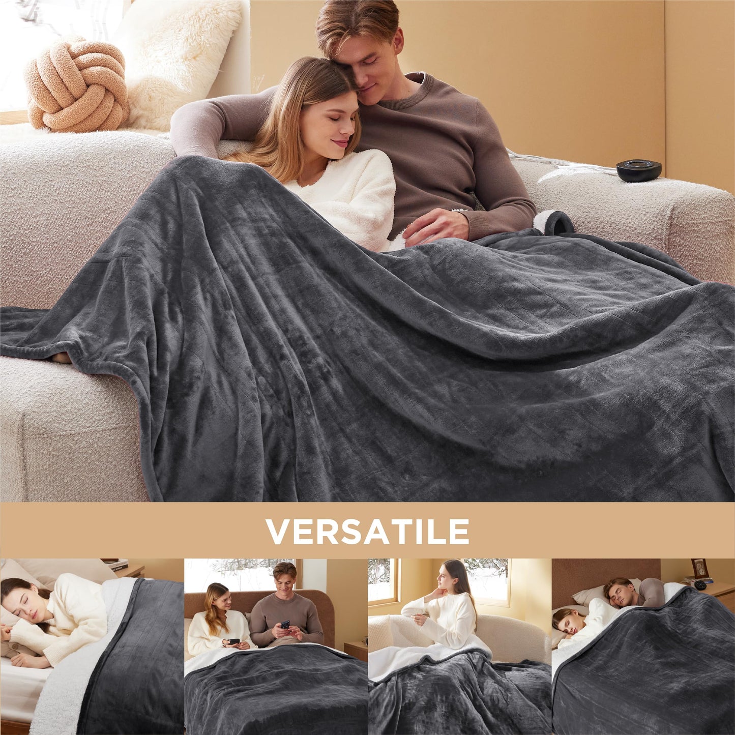 Electric Heated Blanket/Throw - Seamless Flannel Electric Blanket, Heating Blanket with 4 Time Settings & 6 Heat Settings, Warm Blanket Gift for Grandma (50x60 inches, Black)