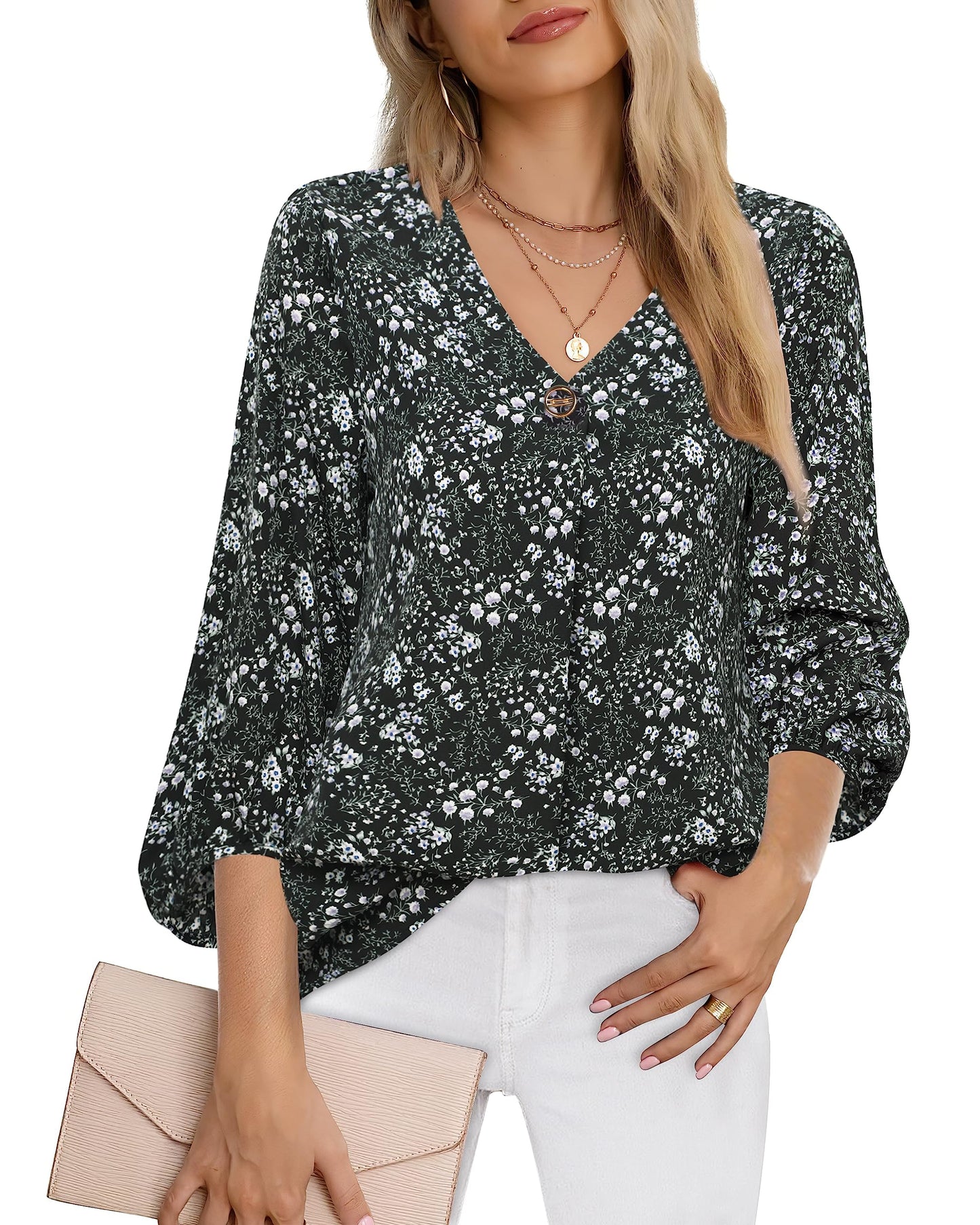 Bebonnie Damen Chiffonbluse mit Laternenmuster, 3/4-Ärmel, lässig, locker, V-Ausschnitt
