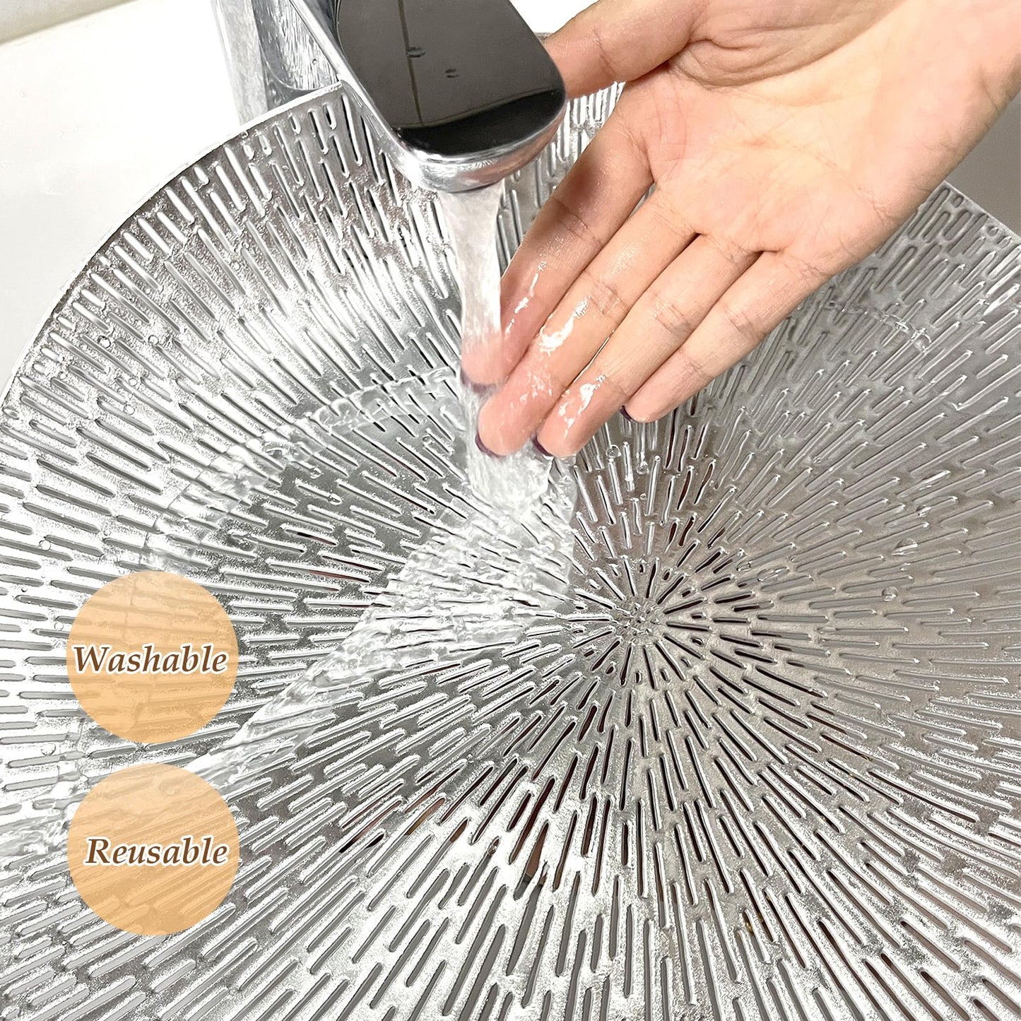 Silberne, runde Tischsets, ausgehöhlte, waschbare und abwischbare Tischsets, Tischsets aus gepresstem Vinyl, 6er-Set für Küchendekorationen zum Jubiläumsessen