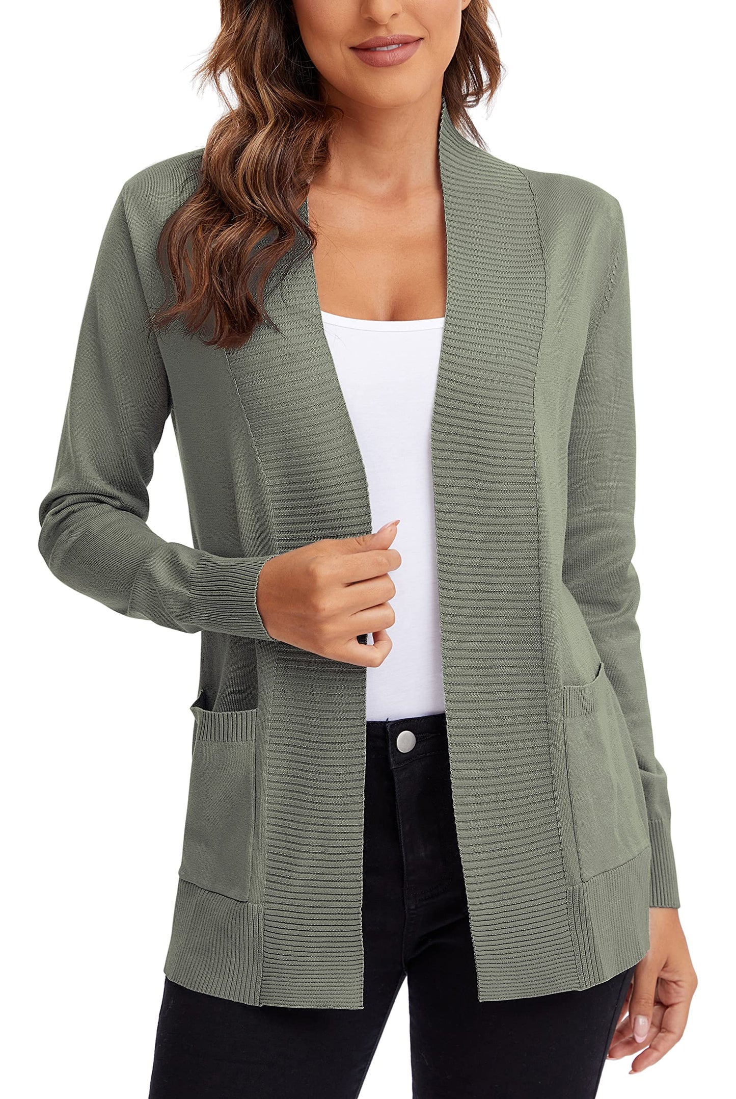 Urban CoCo Leichter Strickjacke für Damen mit offener Vorderseite, lange Ärmel, mit Tasche