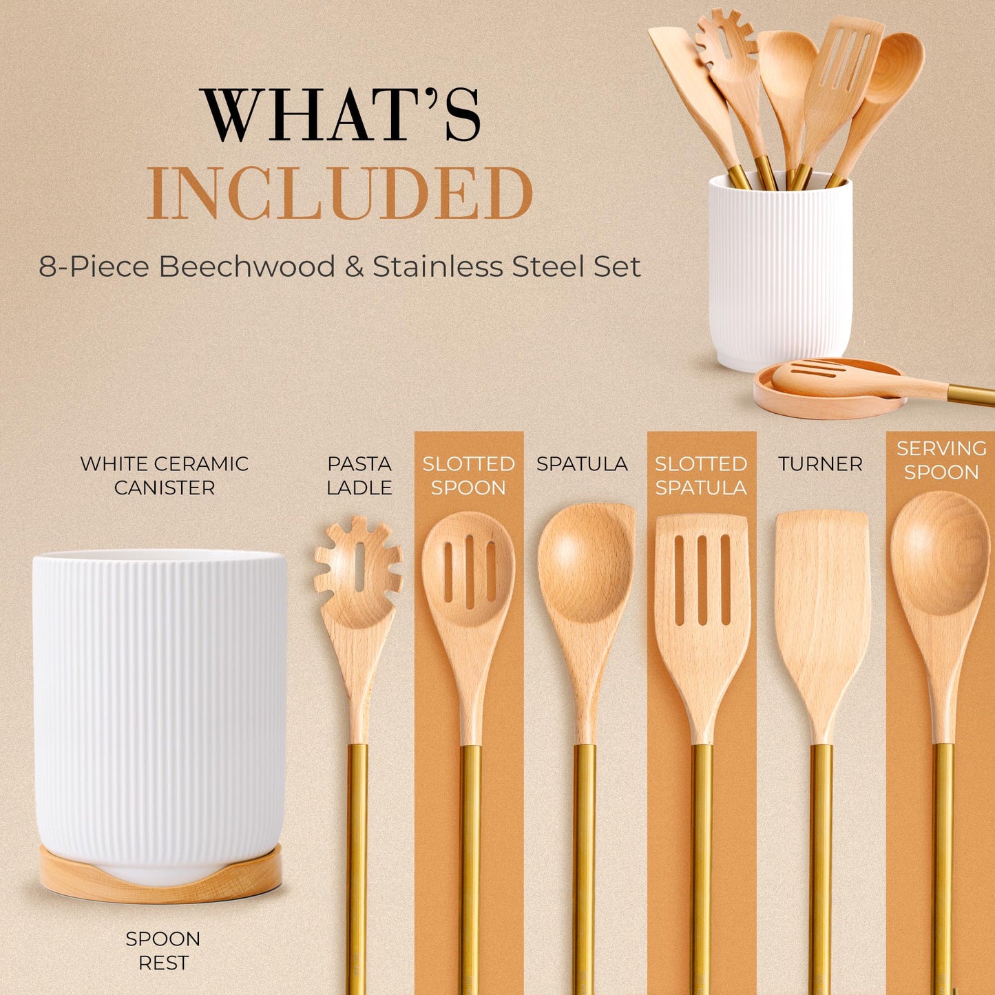 Ensemble d'ustensiles de cuisine en bois – Ensemble de 8 pièces comprenant des ustensiles de cuisine en bois et en or, un porte-ustensiles blanc et un repose-cuillère en bois – Ustensiles de cuisine durables et élégants pour cuisiner et servir