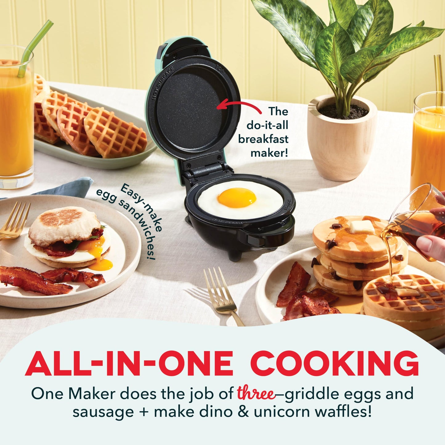 DASH Holiday Multimaker Mini System - Waffle Maker with Six 4” Removable Holiday Plates: Waffle Iron & Griddle, 4-in-1 Mini Waffle Maker for Kids and Families – Nonstick Surface, Santa Waffle (Red)