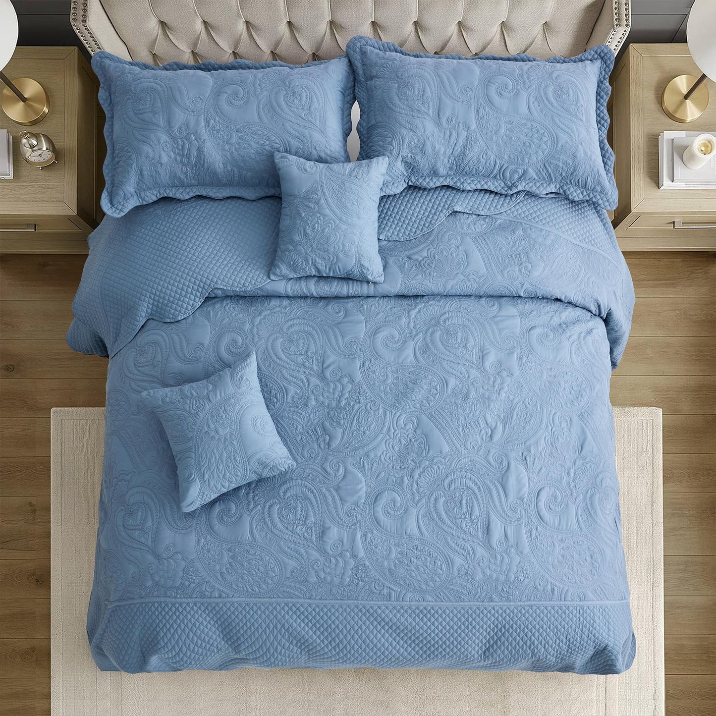 Oversized King Bedspread 128x120 Extra Wide, Paisley Pattern Design, Lightweight Bedding Cover, Reversible, 5 Piece, 100% Microfiber, King/Cal King, Pure White